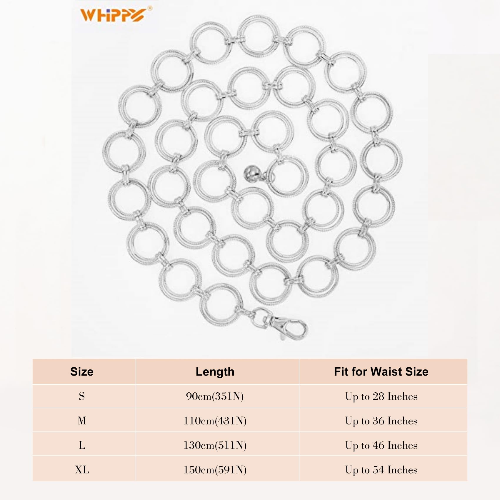 Foto 6 pulgar | Cinturón Con Cadena Whippy Con Junta Tórica Metálica Para Mujer, Color Plateado Xl - Venta Internacional.