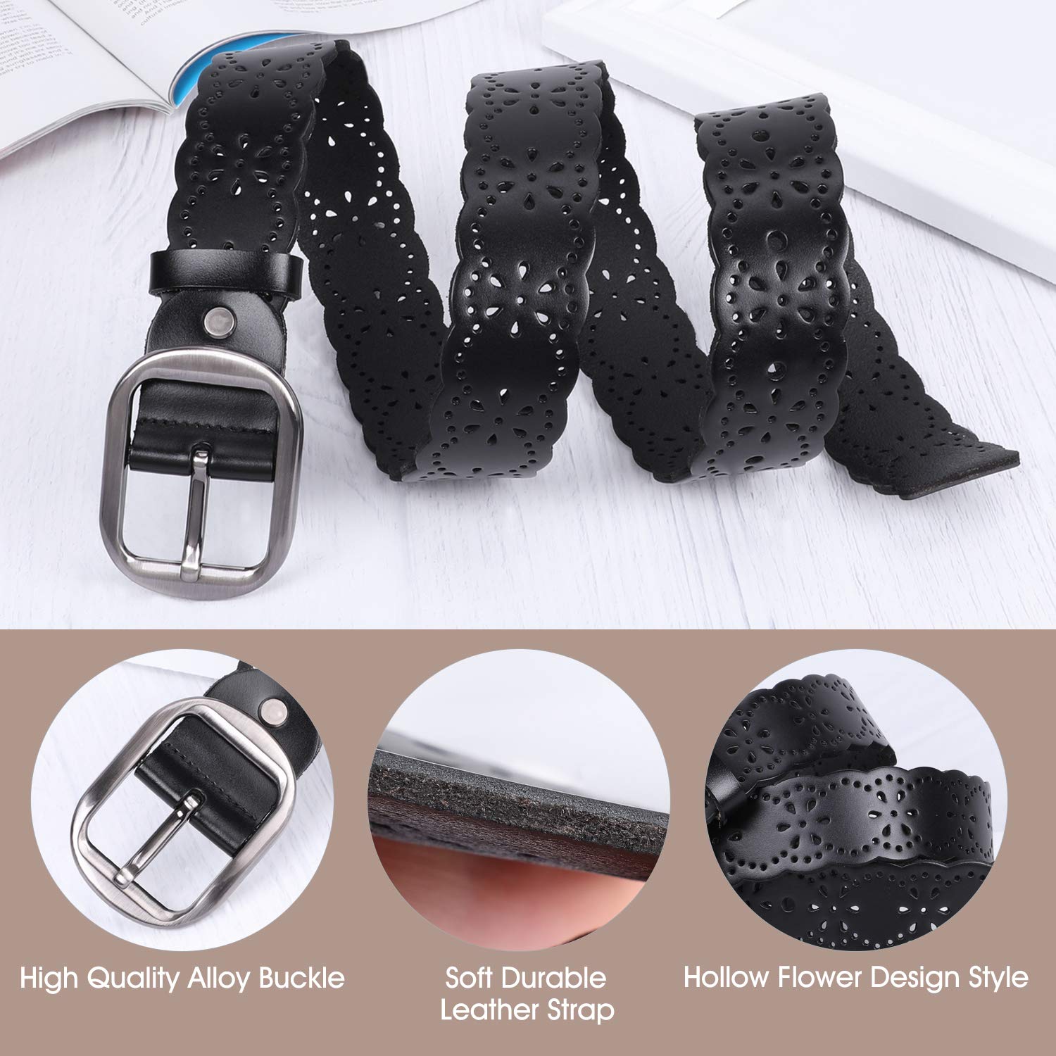 Foto 4 pulgar | Cinturón Ancho De Piel Jasgood Con Diseño De Flor Hueca Para Mujer - Venta Internacional.