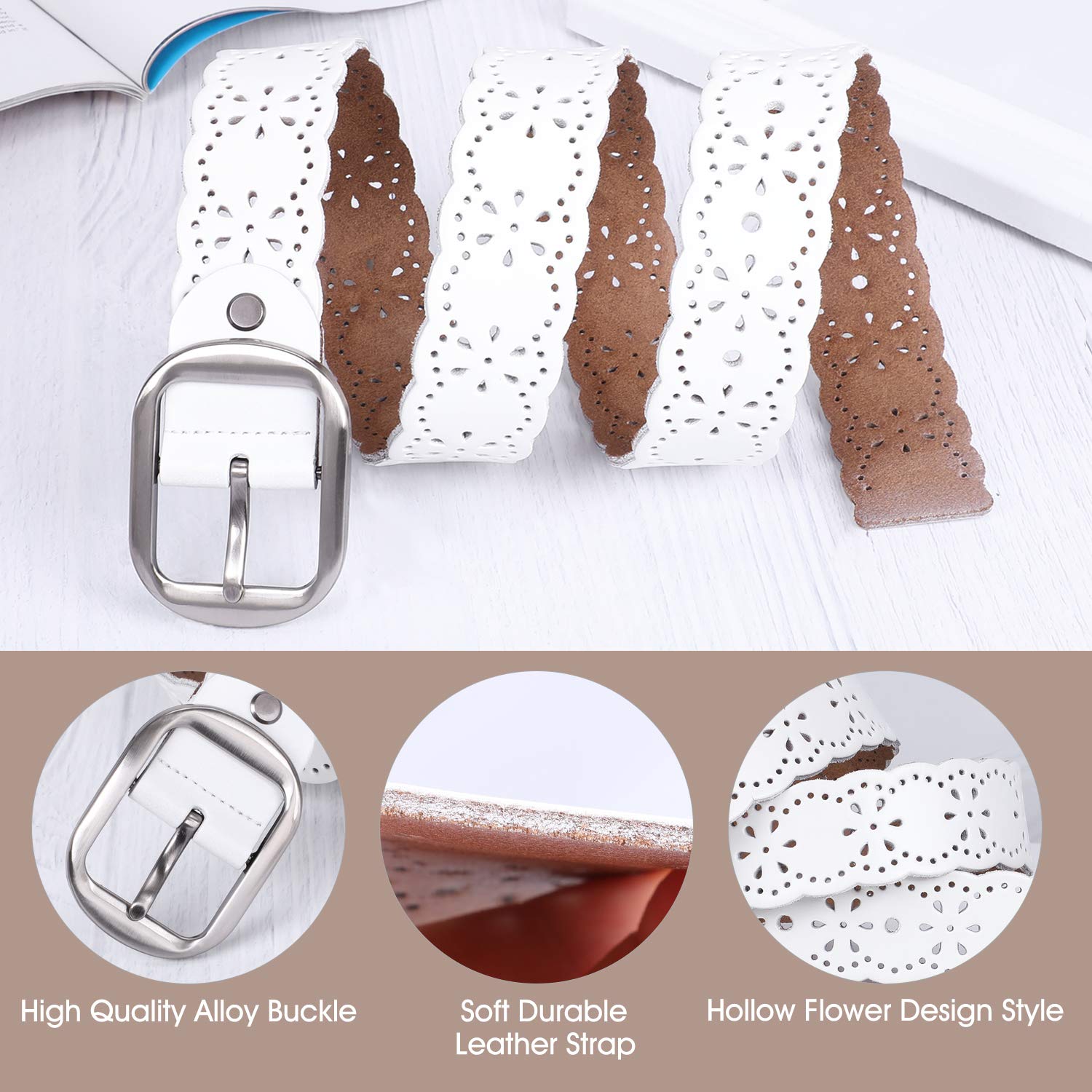 Foto 4 pulgar | Cinturón Ancho De Piel Jasgood Con Diseño De Flor Hueca Para Mujer - Venta Internacional.