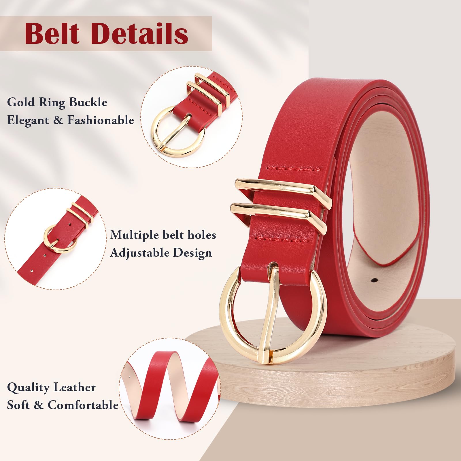 Foto 4 pulgar | Cinturón De Piel Whippy De Diseñador De Moda Para Mujer Con Hebilla Dorada, Color Rojo - Venta Internacional.