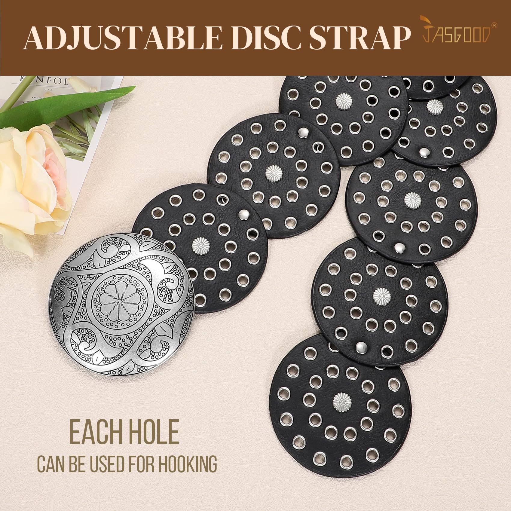 Foto 3 pulgar | Cinturón Vaquero Jasgood Wide Hollow Disc De Piel Para Mujer - Venta Internacional.