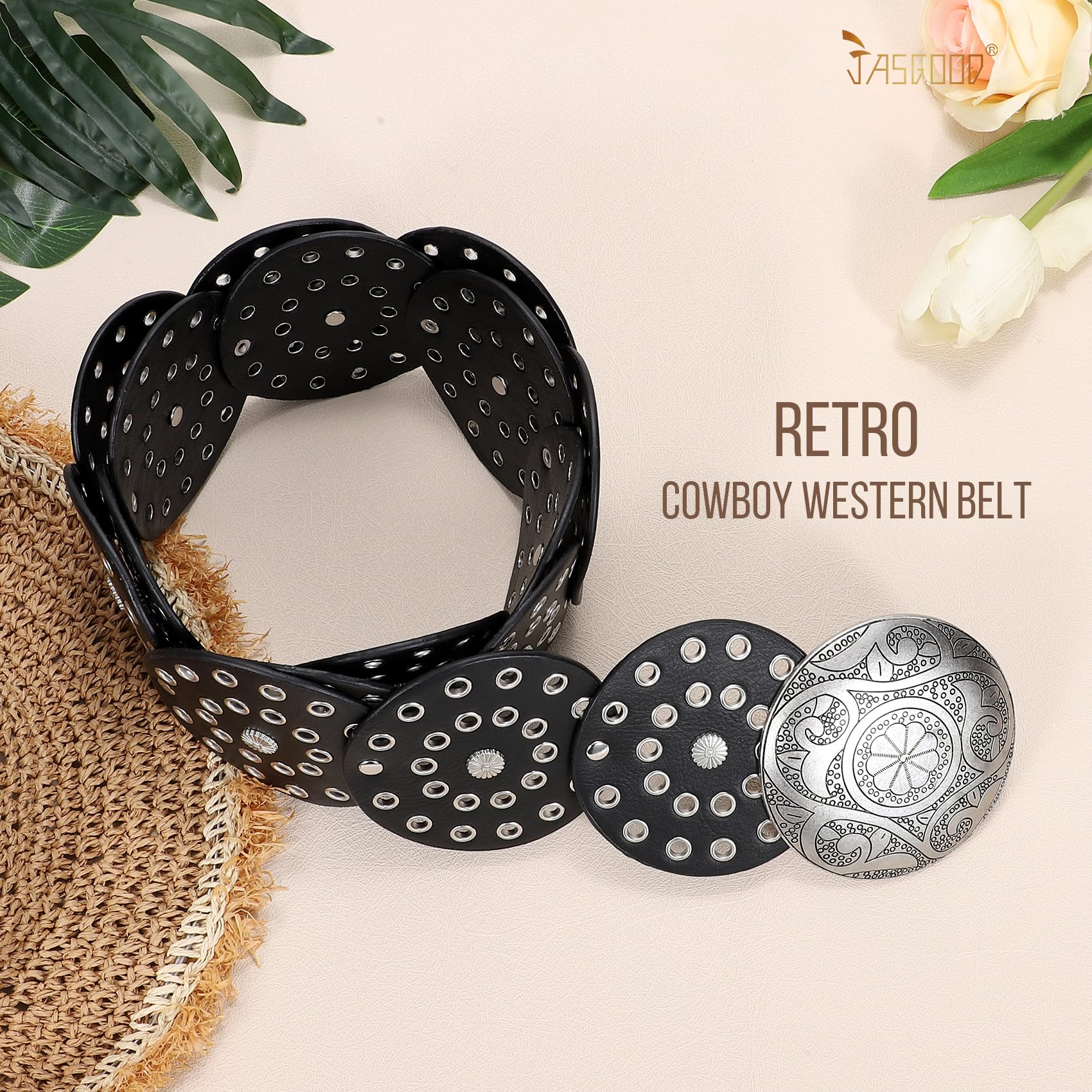Foto 4 pulgar | Cinturón Vaquero Jasgood Wide Hollow Disc De Piel Para Mujer - Venta Internacional.