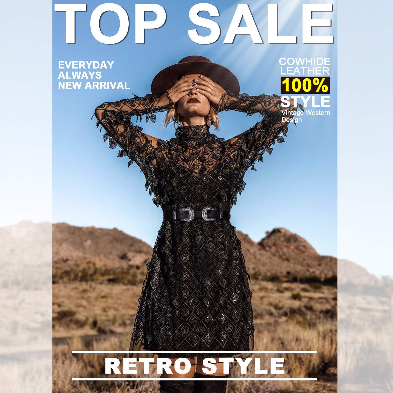 Foto 5 | Cinturón Jasgood De Piel Para Mujer, Diseño Vintage Western, Negro - Venta Internacional.