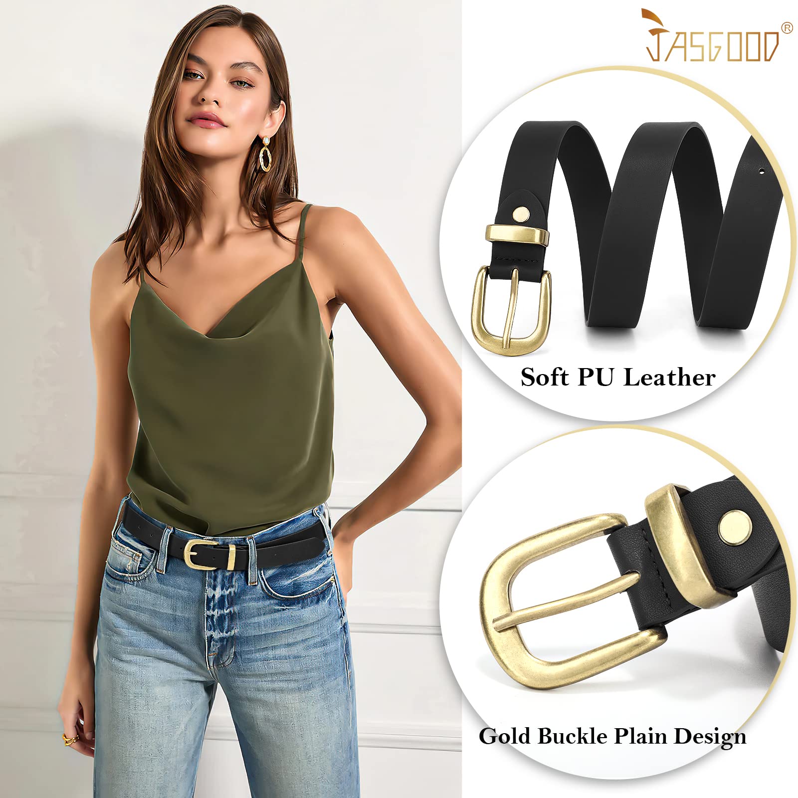 Foto 4 pulgar | Cinturón De Piel Para Mujer Jasgood Para Pantalones Vaqueros Con Hebilla Dorada - Venta Internacional.