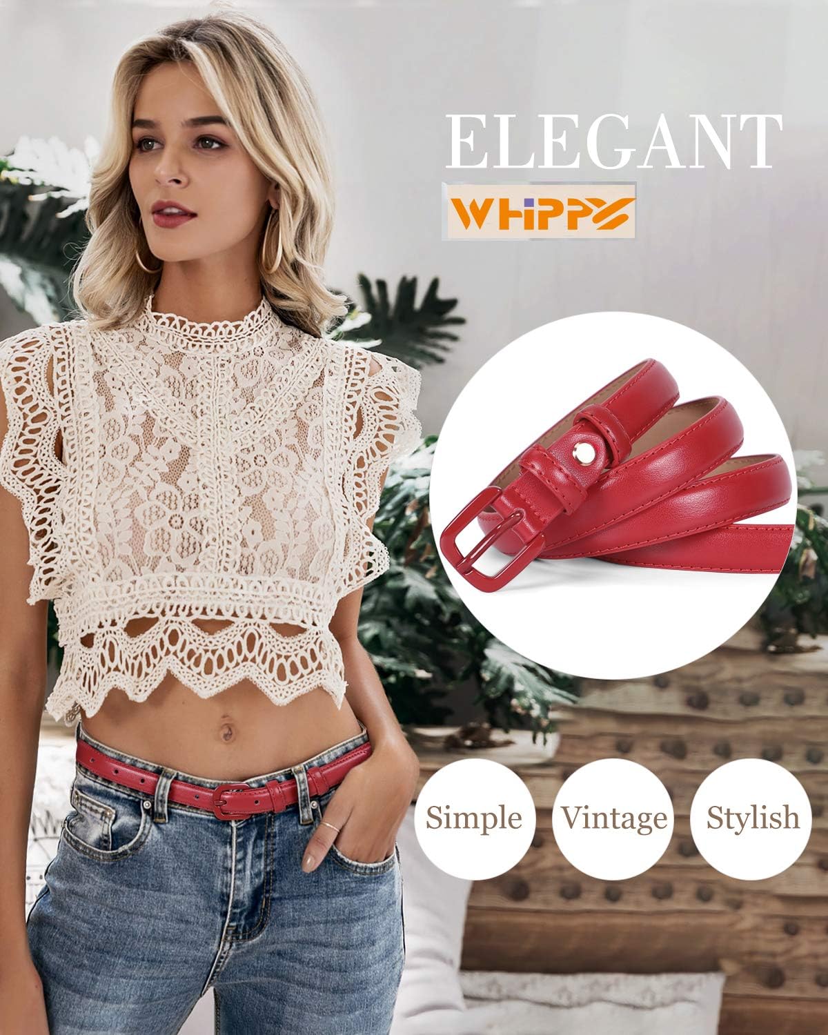 Foto 5 pulgar | Cinturón Whippy De Piel Delgada Para Mujer, Para Pantalones, Con Hebilla, Rojo - Venta Internacional.