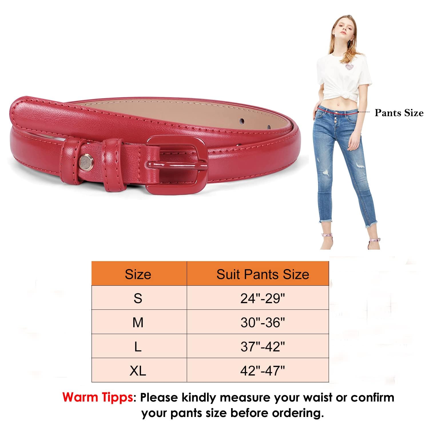 Foto 6 pulgar | Cinturón Whippy De Piel Delgada Para Mujer, Para Pantalones, Con Hebilla, Rojo - Venta Internacional.