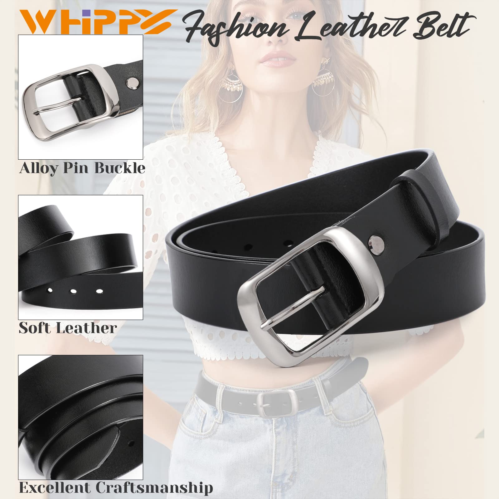 Foto 4 pulgar | Cinturón De Piel Whippy Para Mujer, Pantalones Vaqueros Con Hebilla, Color Negro - Venta Internacional.