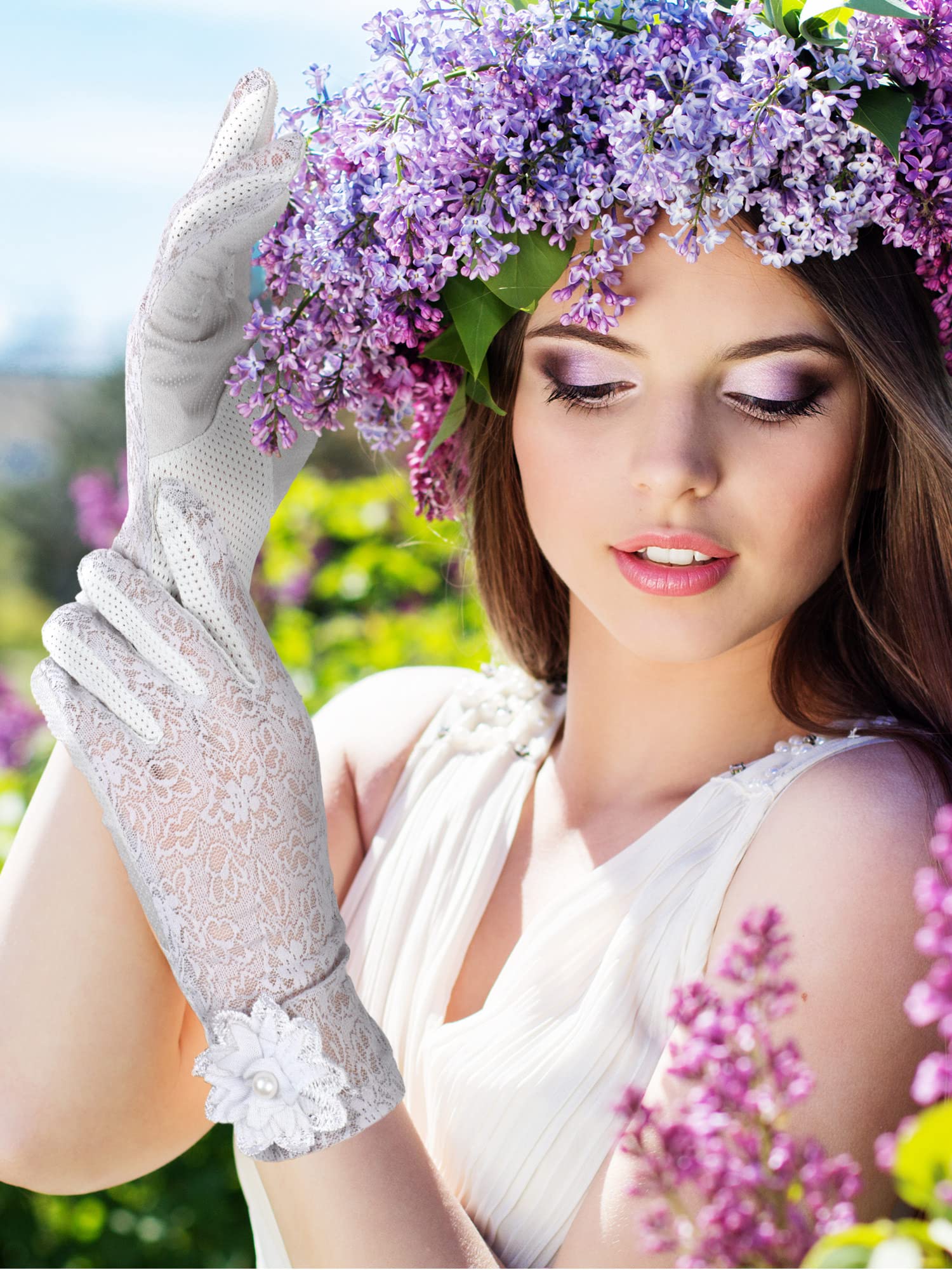 Foto 5 pulgar | Guantes De Encaje Skylety Para Mujer Cortos Con Estampado Floral Para Fiesta De Té X3 - Venta Internacional.