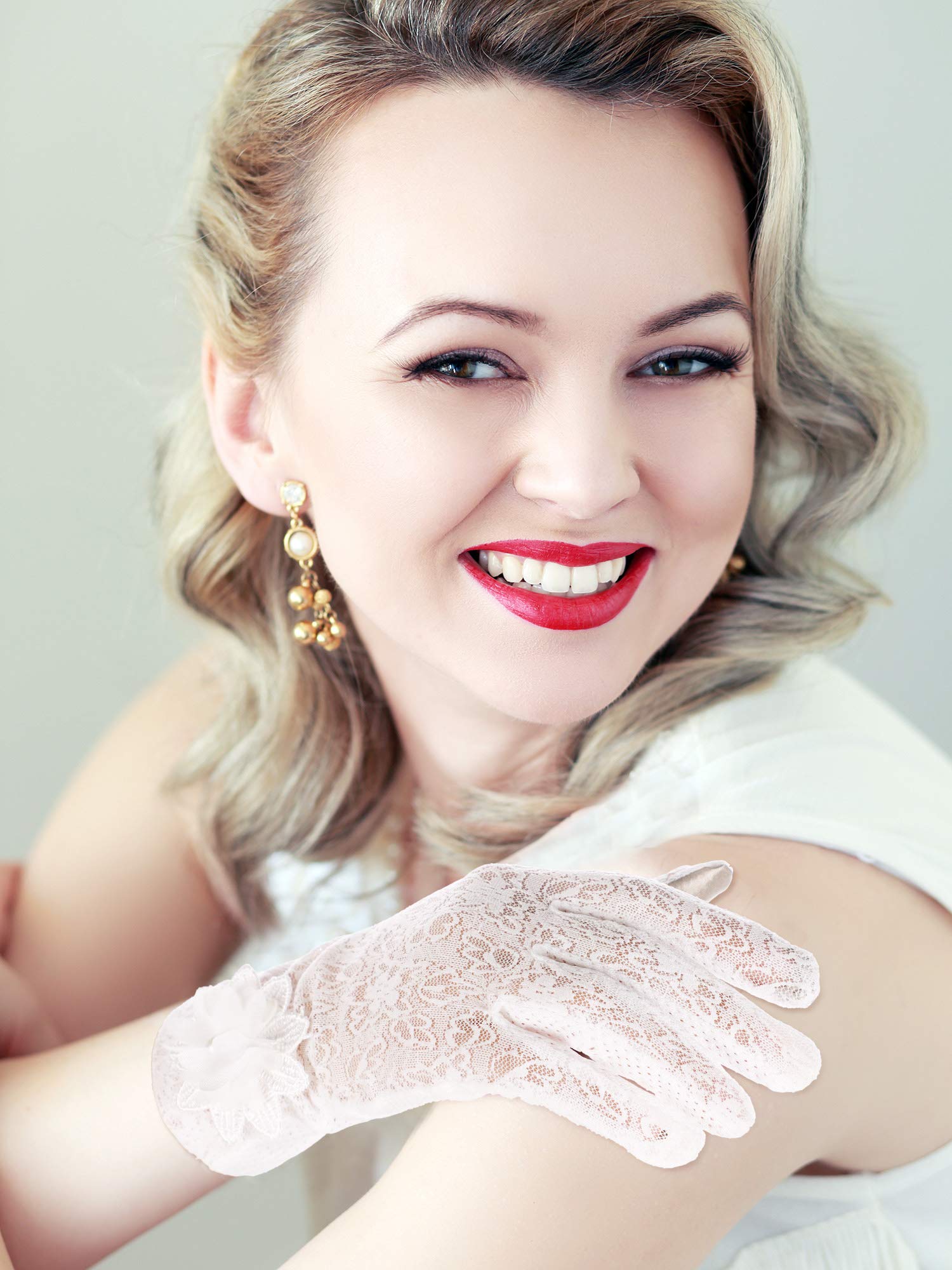 Foto 6 | Guantes De Encaje Skylety Para Mujer Cortos Con Estampado Floral Para Fiesta De Té X3 - Venta Internacional.
