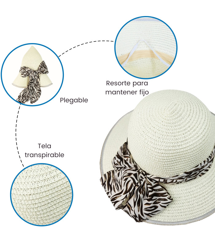 Foto 3 pulgar | Sombrero De Mujer Ala Ancha de Paja Plegable Blanco