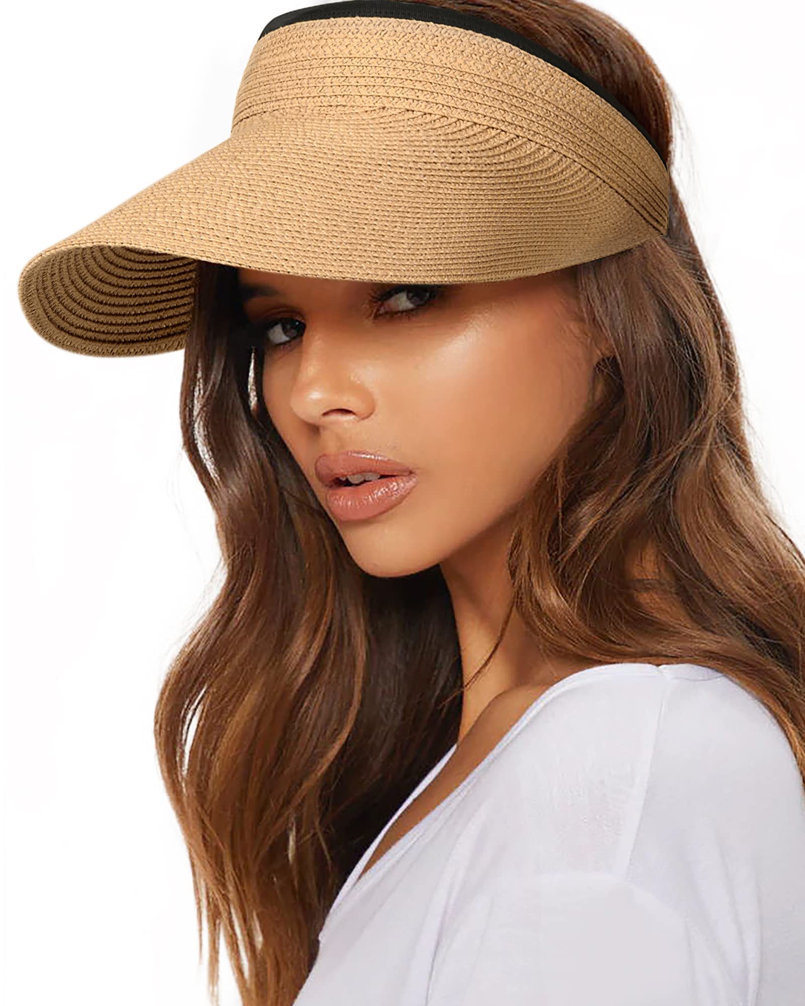Foto 2 pulgar | Sombrero Con Visera Para Mujer Furtalk, Paja, Verano, Upf 80+, Color Caqui - Venta Internacional.