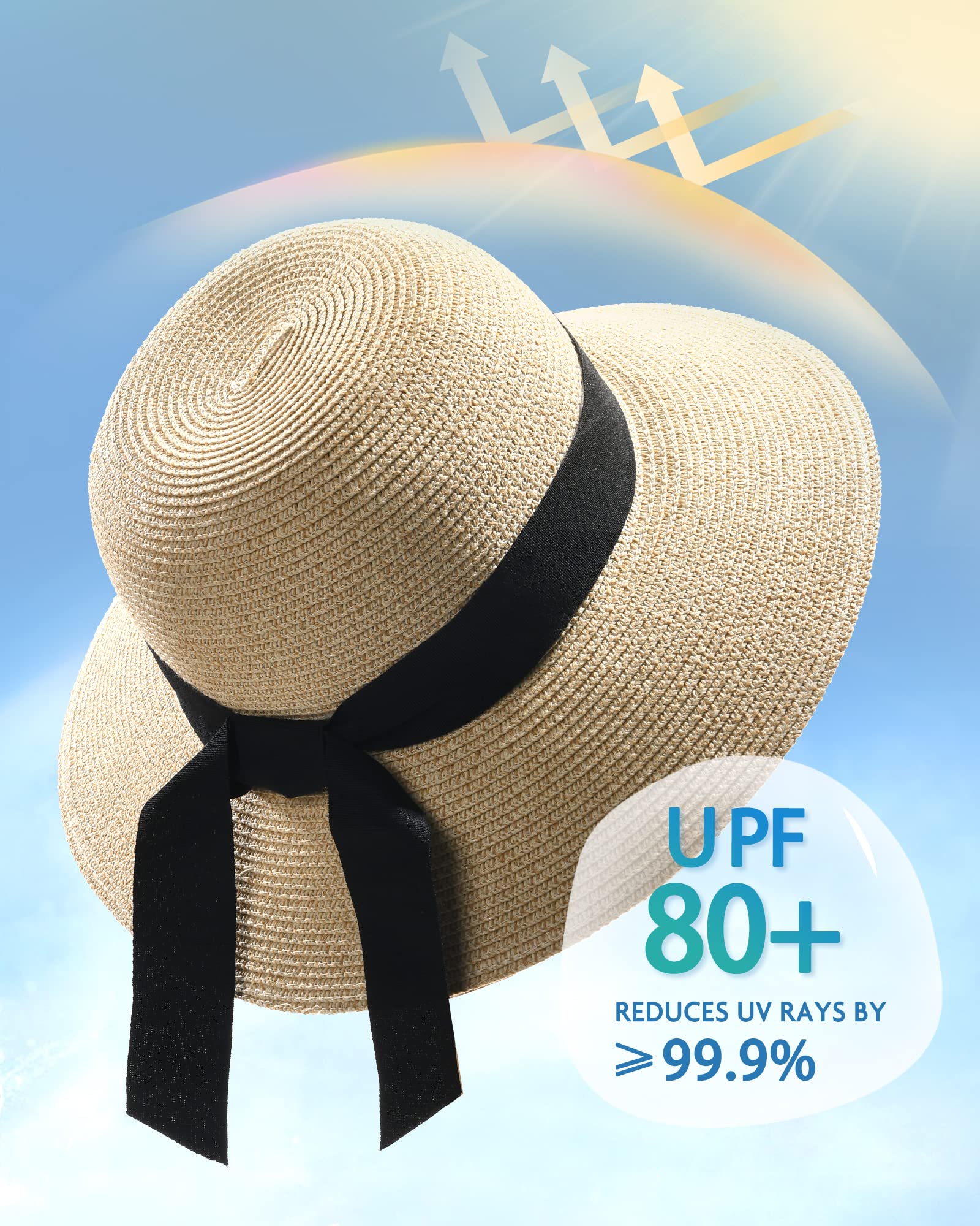 Foto 3 pulgar | Sombrero De Paja Furtalk Para Mujer, Playa, Sol, Uv, Upf 80+, Plegable, Color Beige - Venta Internacional.