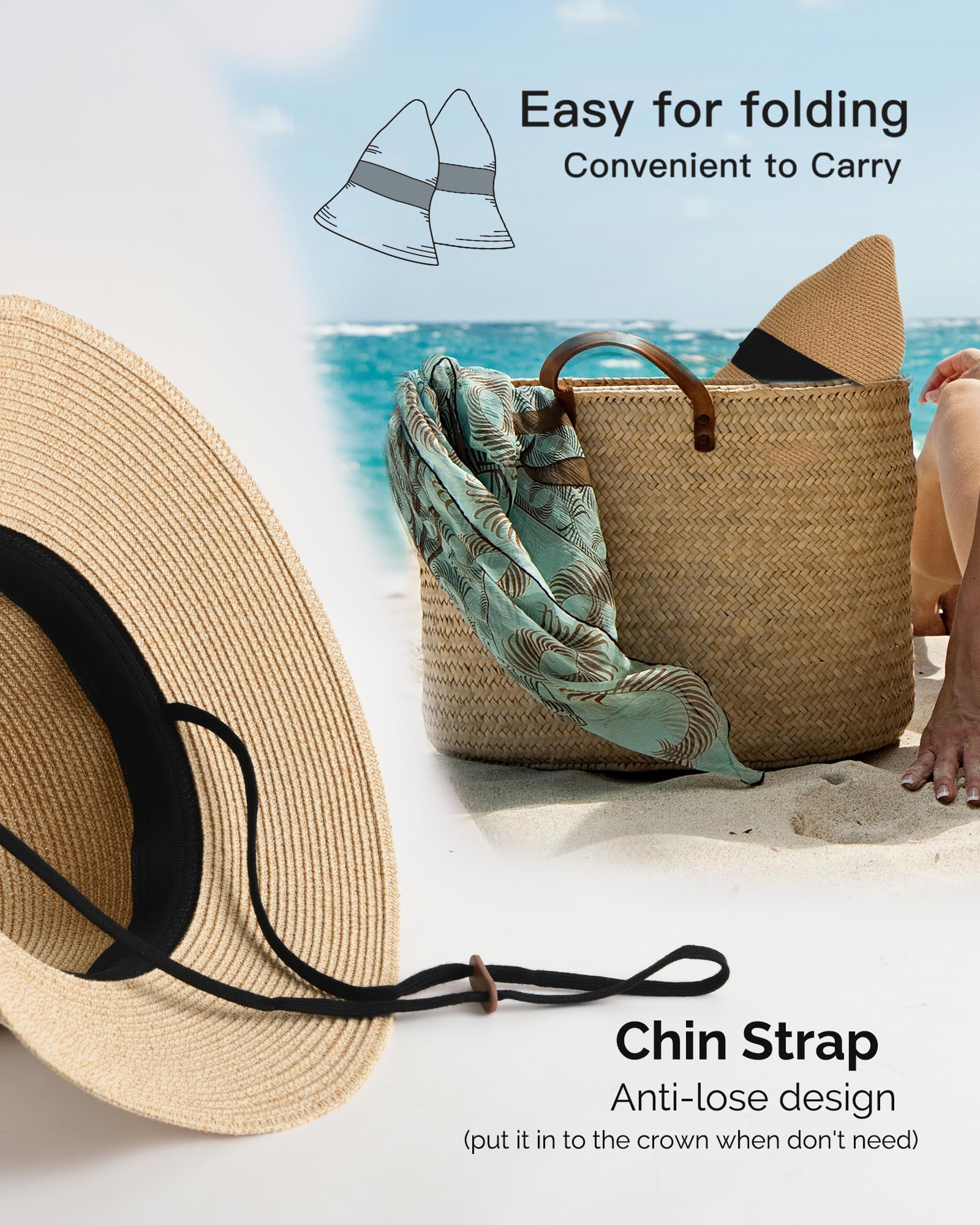 Foto 4 pulgar | Sombrero De Paja Furtalk Para Mujer, Playa, Sol, Uv, Upf 80+, Plegable, Color Beige - Venta Internacional.