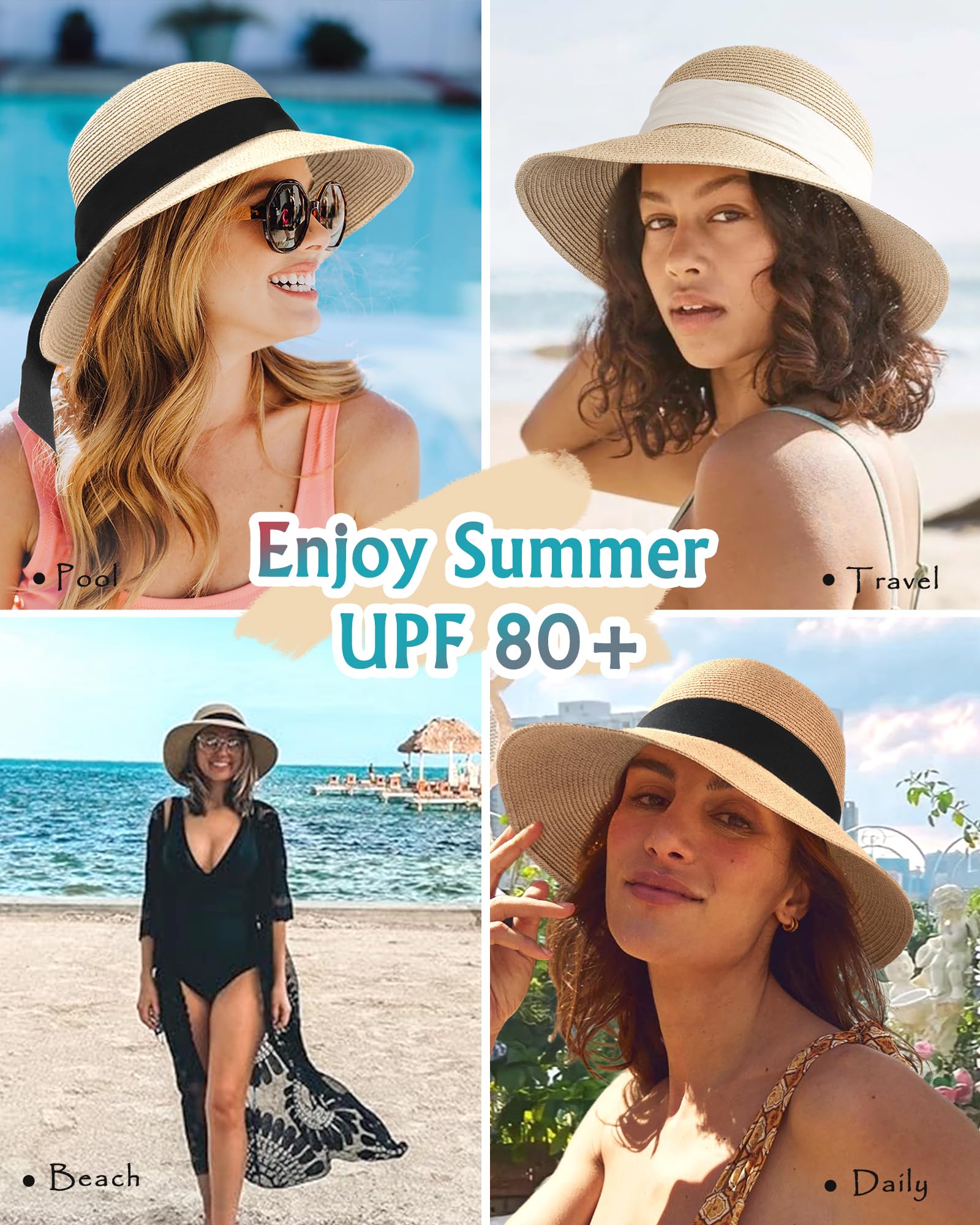 Foto 6 pulgar | Sombrero De Paja Furtalk Para Mujer, Playa, Sol, Uv, Upf 80+, Plegable, Color Beige - Venta Internacional.