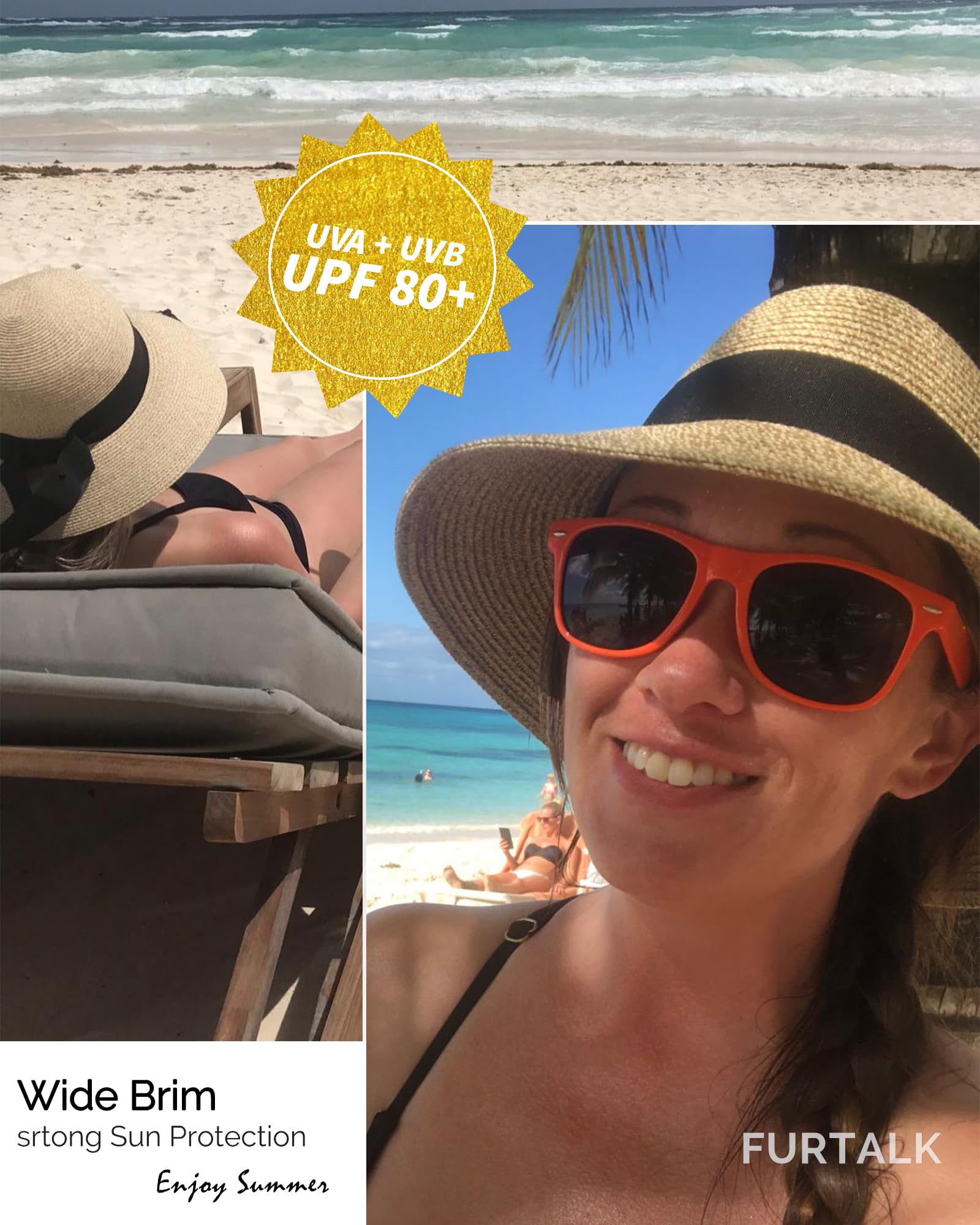 Foto 7 | Sombrero De Paja Furtalk Para Mujer, Playa, Sol, Uv, Upf 80+, Plegable, Color Beige - Venta Internacional.