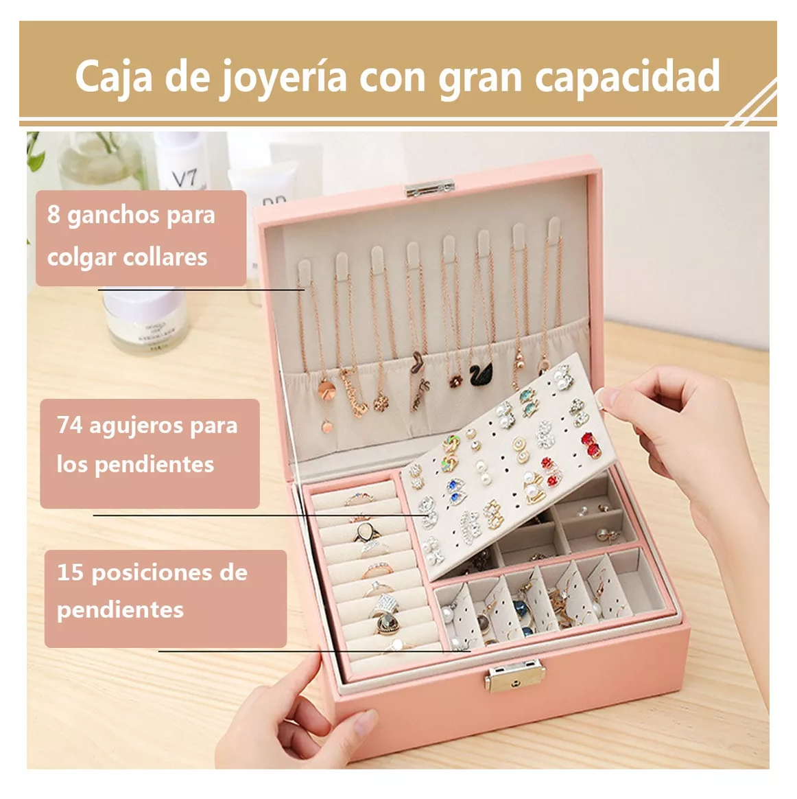 Foto 5 pulgar | Caja de Almacenamiento de Gran Capacidad Rosa para Joyas