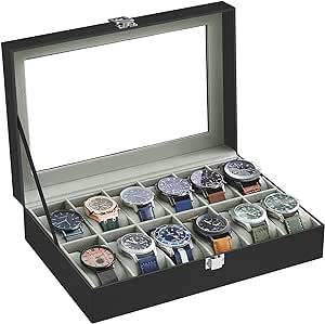 Foto 2 pulgar | Caja De Relojes Songmics De Piel Sintética Con 12 Ranuras Y Tapa De Cristal