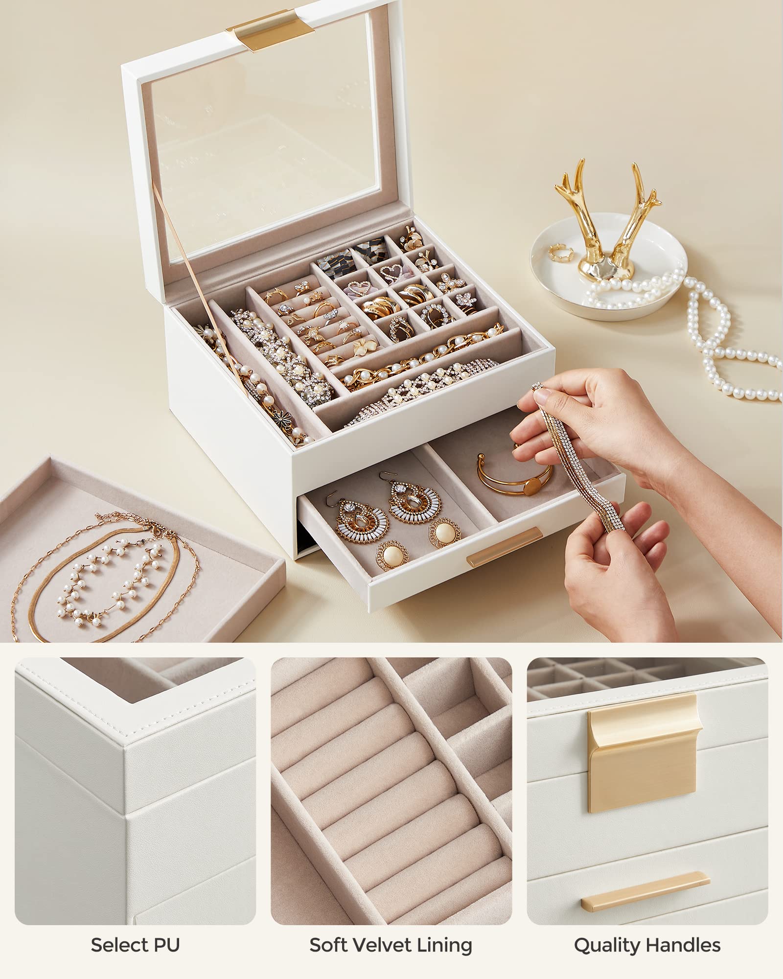 Foto 4 | Joyero Songmics Organizador De 3 Capas Con Tapa De Cristal Y 2 Cajones