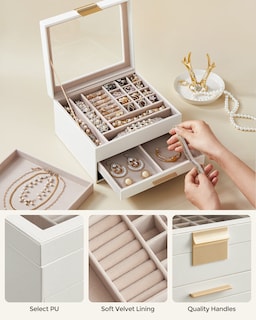 Foto 4 | Joyero Songmics Organizador De 3 Capas Con Tapa De Cristal Y 2 Cajones