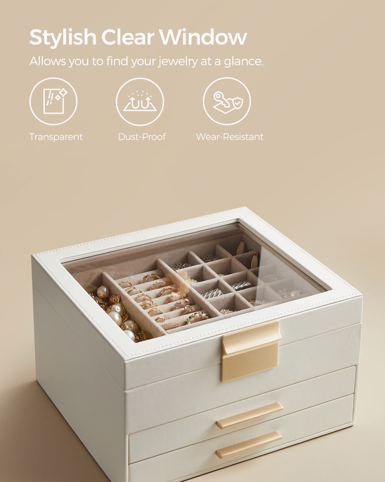 Foto 7 | Joyero Songmics Organizador De 3 Capas Con Tapa De Cristal Y 2 Cajones