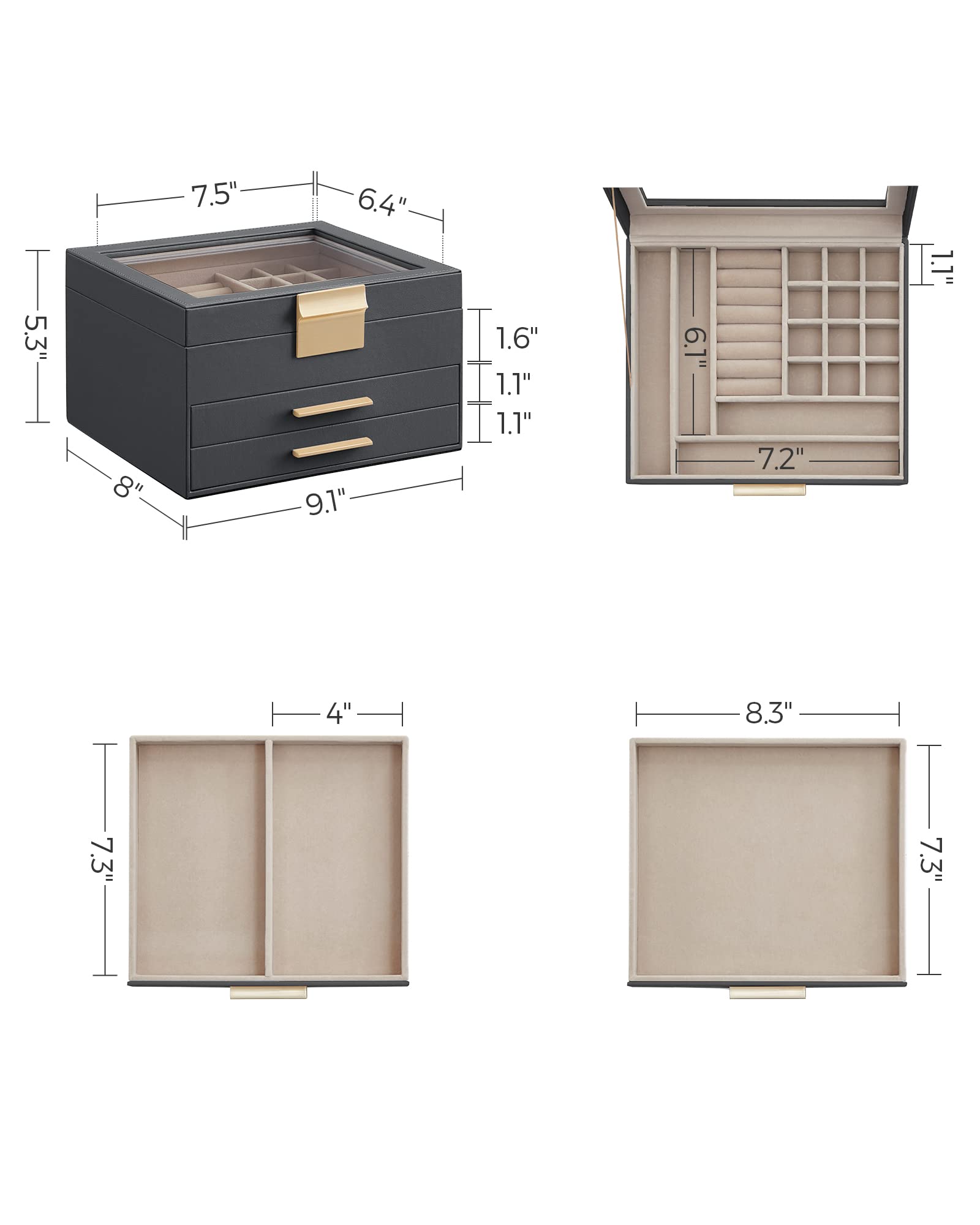 Foto 6 | Joyero Songmics De 3 Capas Con Tapa De Vidrio, 8 X 9,1 X 5,3 Pulgadas, Gris/dorado
