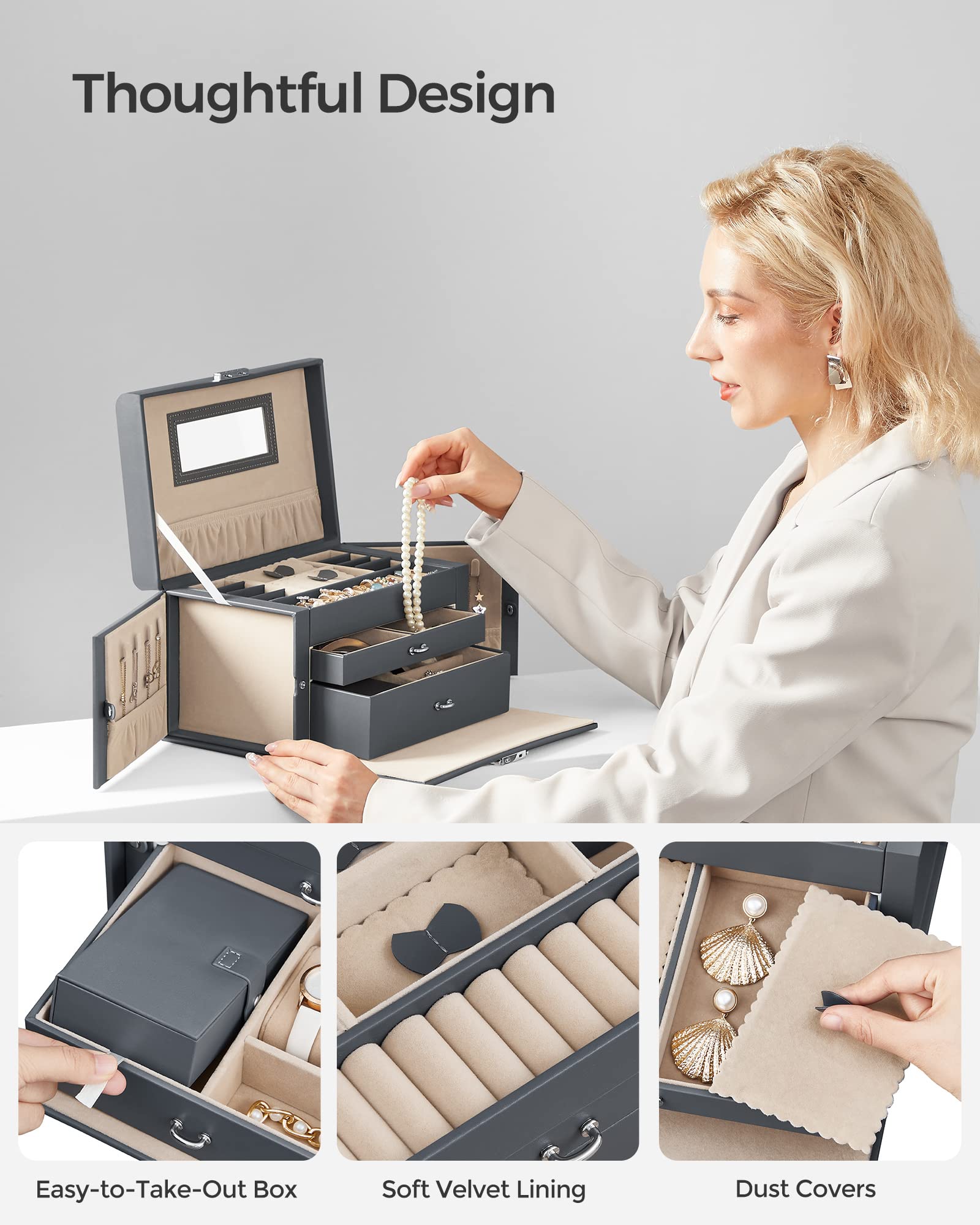 Foto 7 | Joyero Songmics De 3 Capas Con 2 Cajones Y Funda De Viaje Bl
