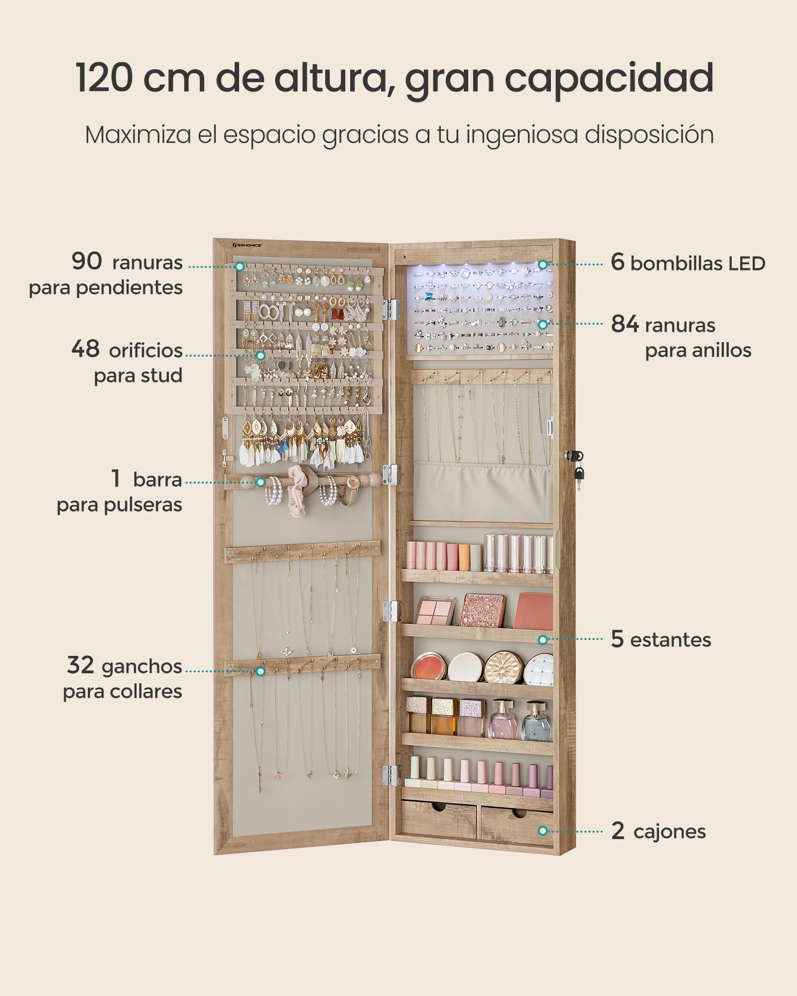 Foto 7 pulgar | Joyero Songmics con Luz Led 120 cm
