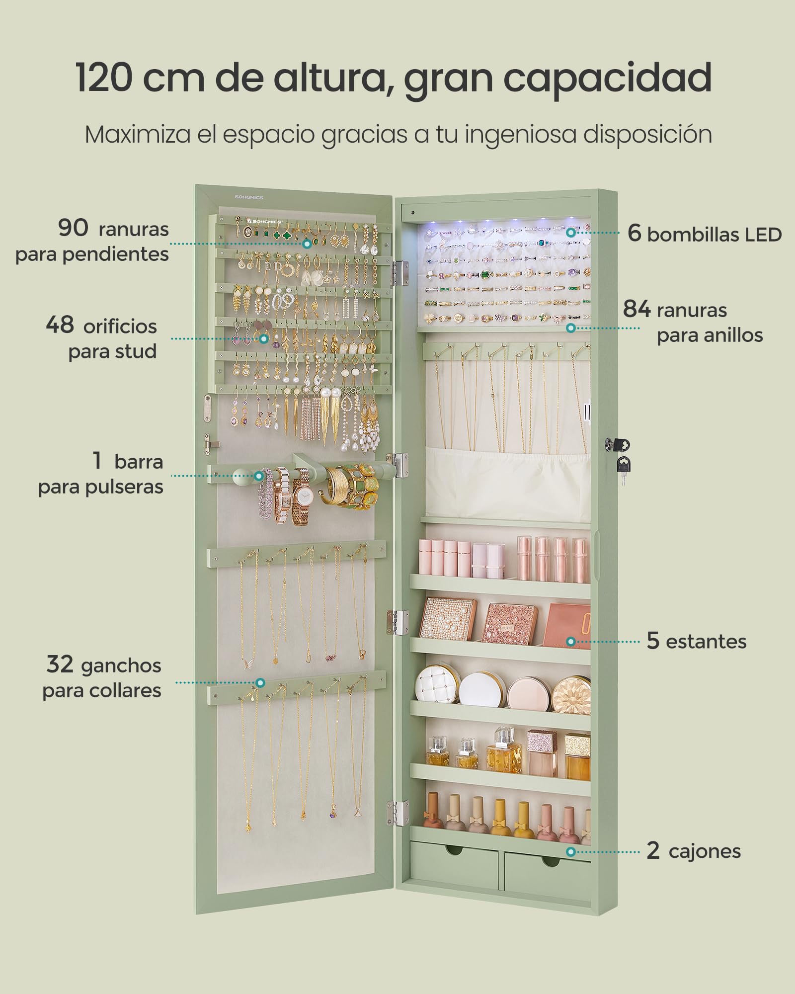 Foto 4 pulgar | Joyero Songmics con Espejo Led Verde
