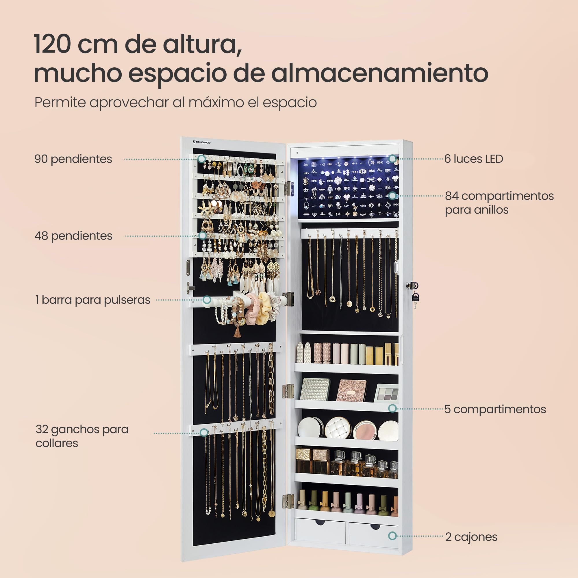Foto 7 pulgar | Joyero de Plástico Songmics con Espejo Led de 120 cm