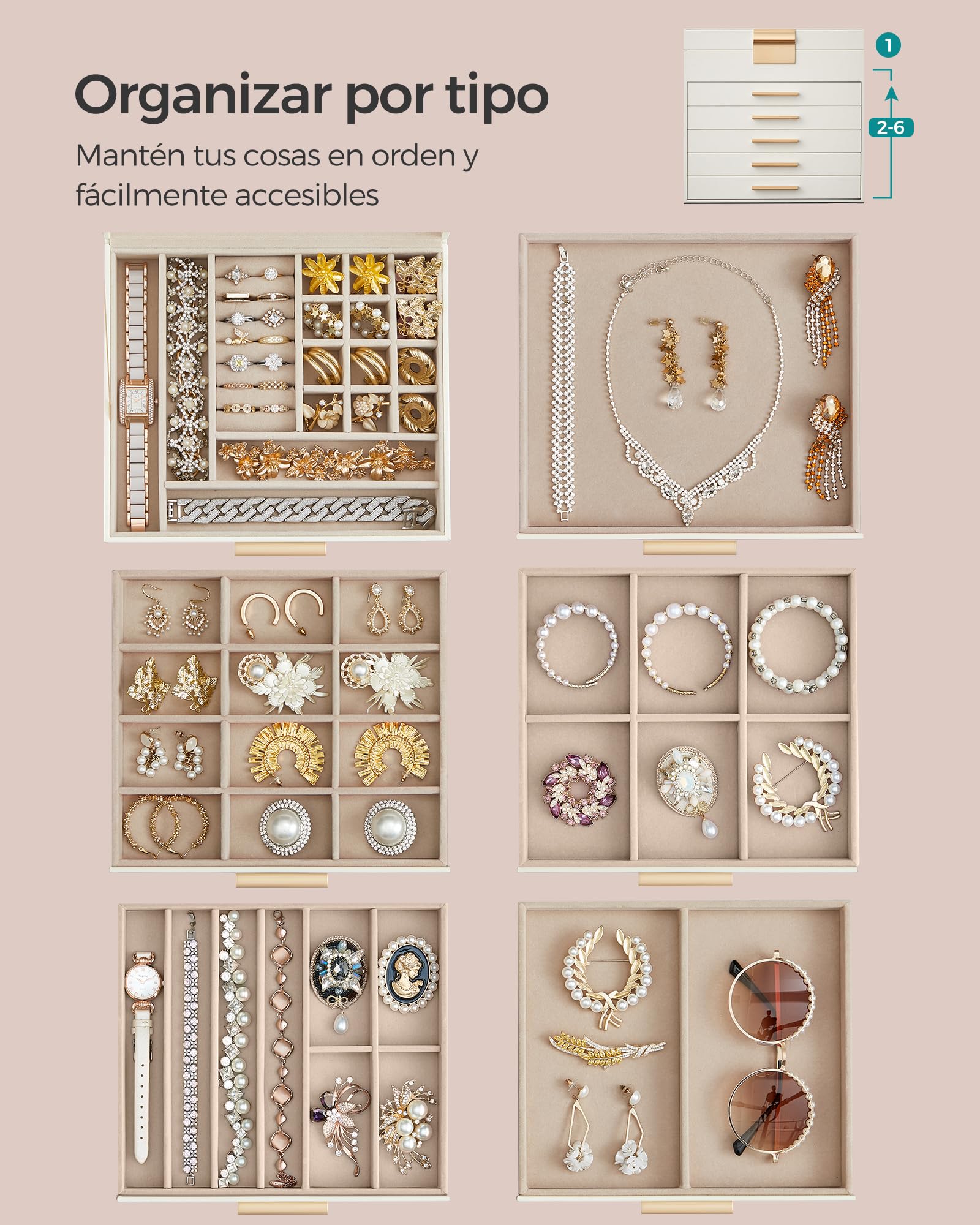 Foto 4 pulgar | Joyero Songmics Blanco de 6 Niveles con Tapa de Cristal 5 Cajones