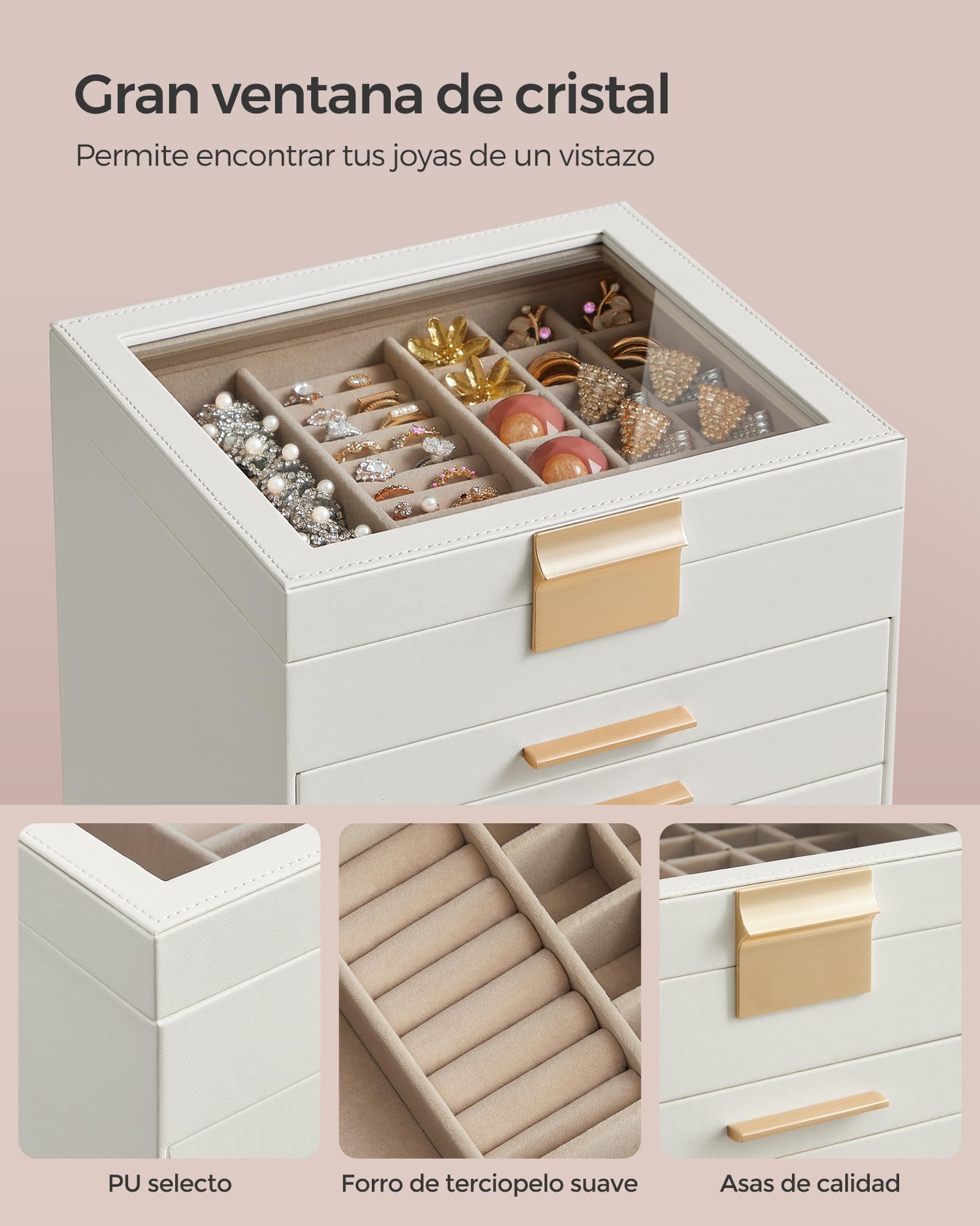 Foto 4 | Joyero Songmics Blanco de 6 Niveles con Tapa de Cristal 5 Cajones
