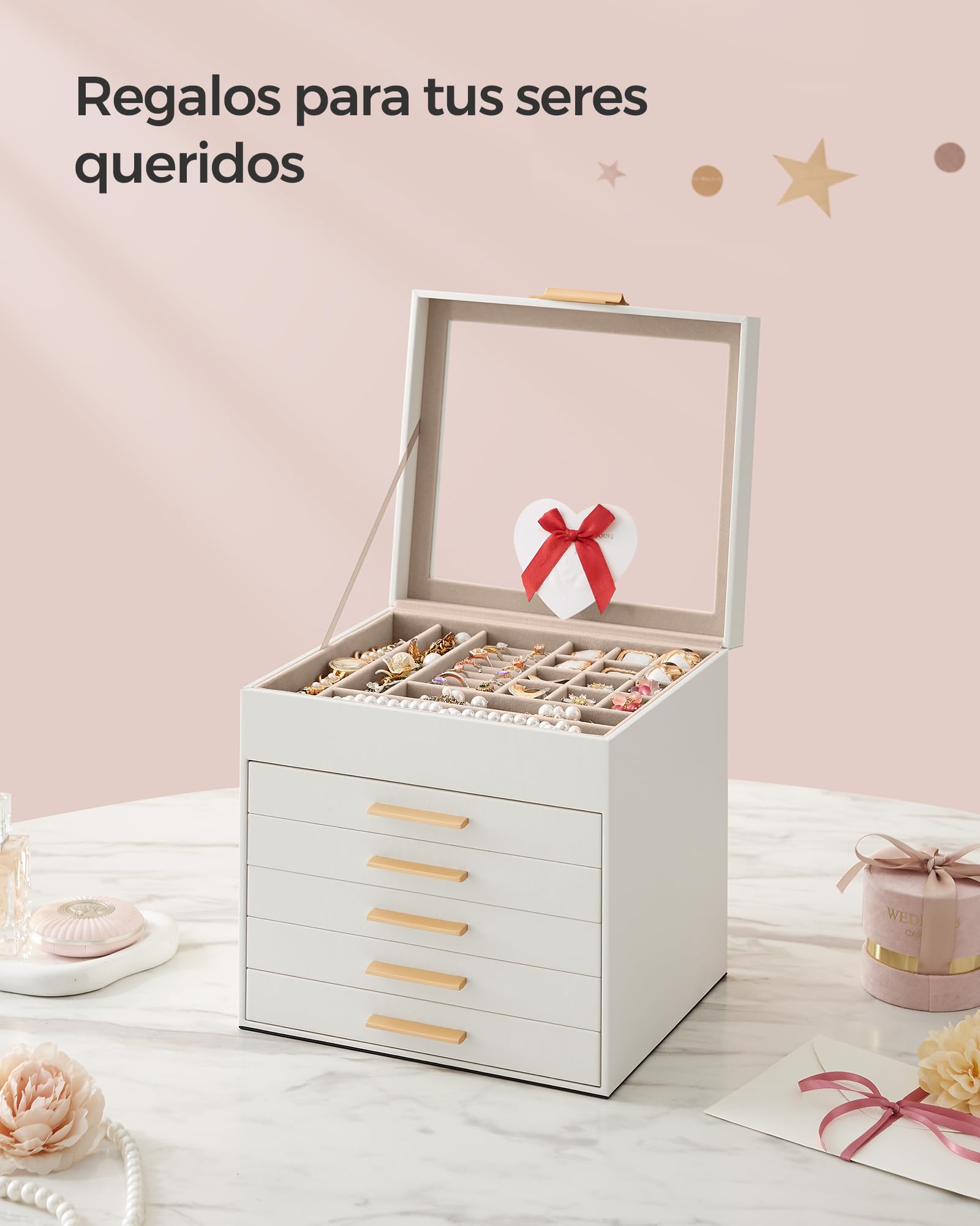 Foto 6 | Joyero Songmics Blanco de 6 Niveles con Tapa de Cristal 5 Cajones