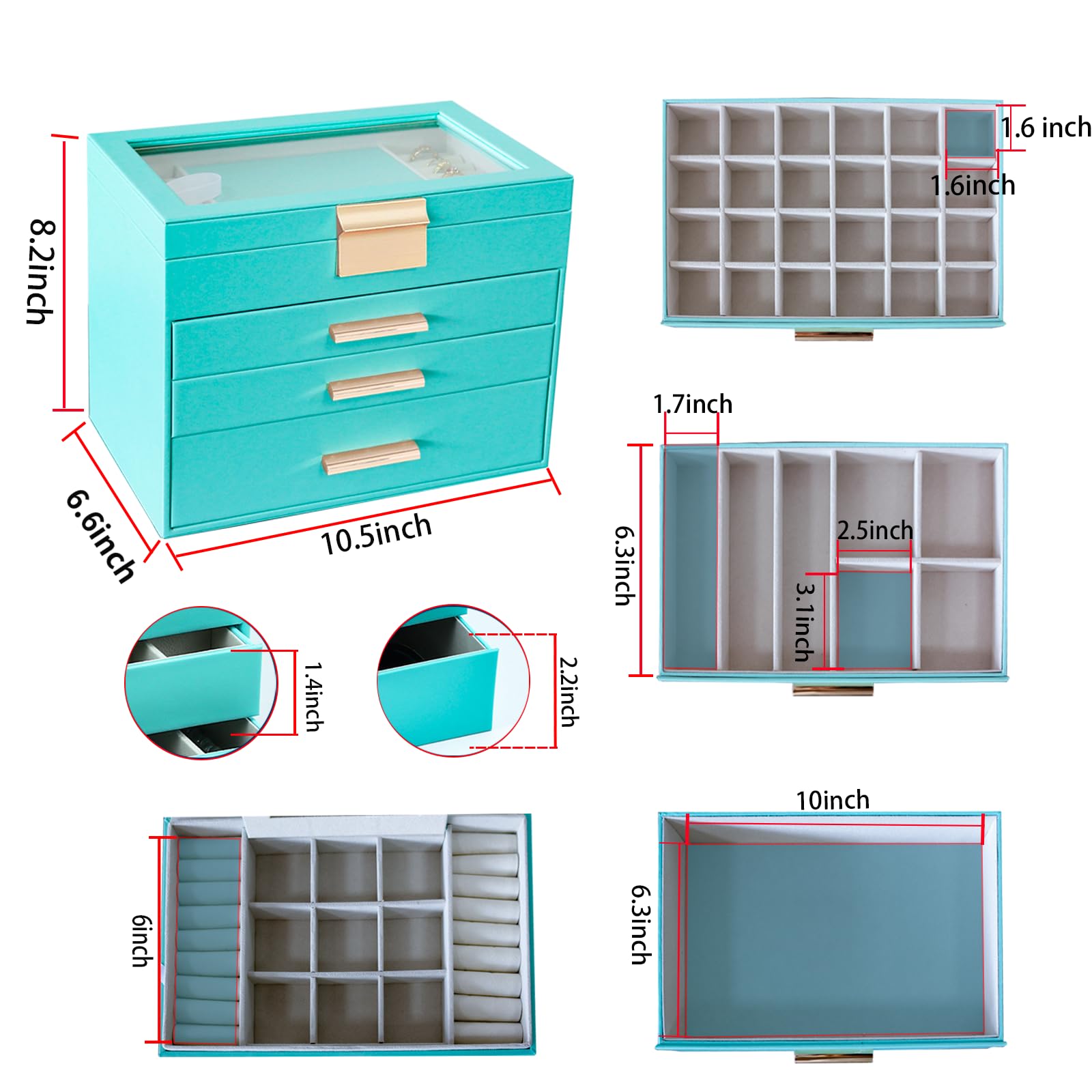 Foto 4 | Joyero Boovo Con Tapas De Cristal De 4 Capas Para Mujer, Color Turquesa - Venta Internacional.