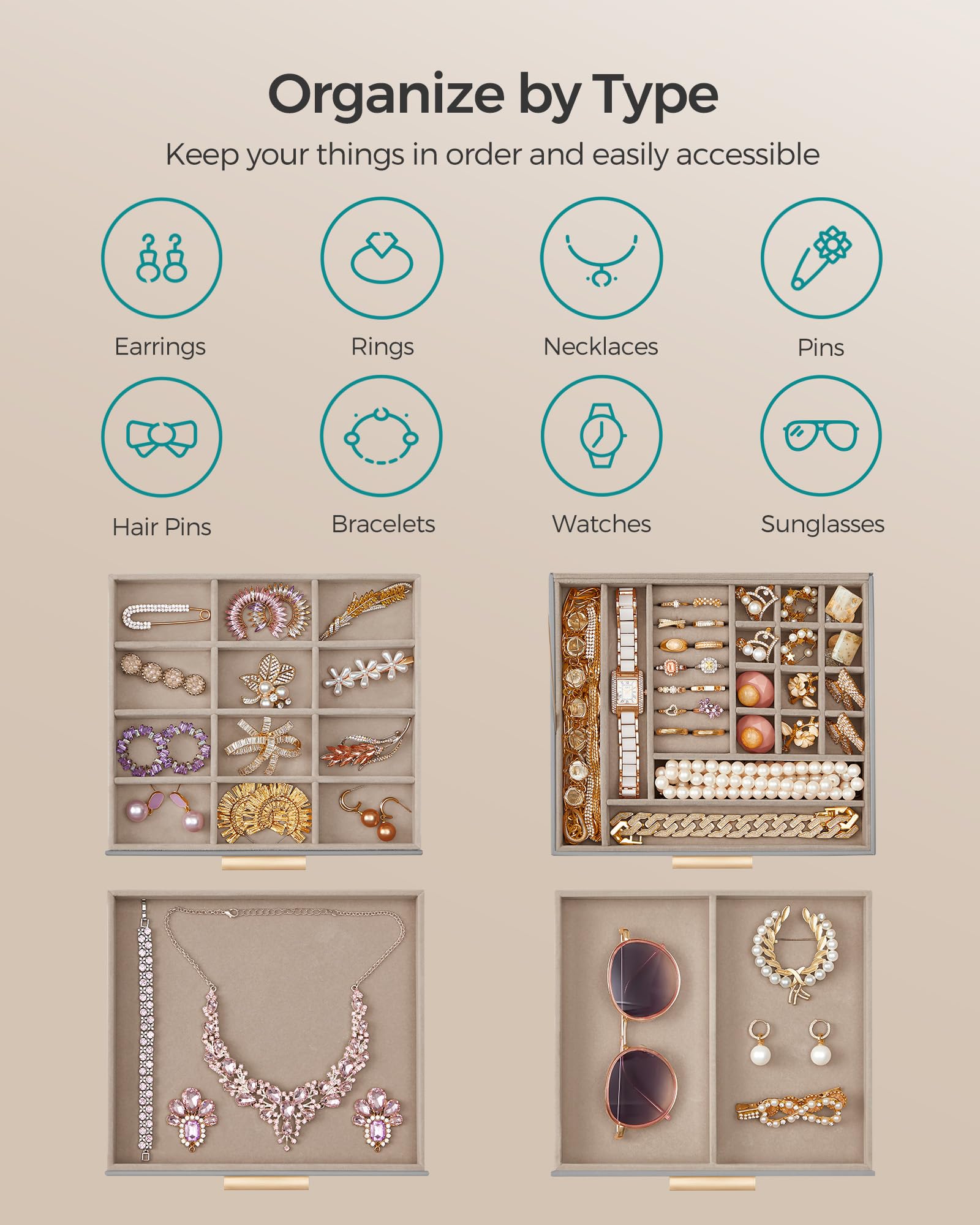 Foto 3 | Joyero Songmics De 4 Capas Con Tapa De Cristal Gris Tórtola Y Dorado - Venta Internacional.