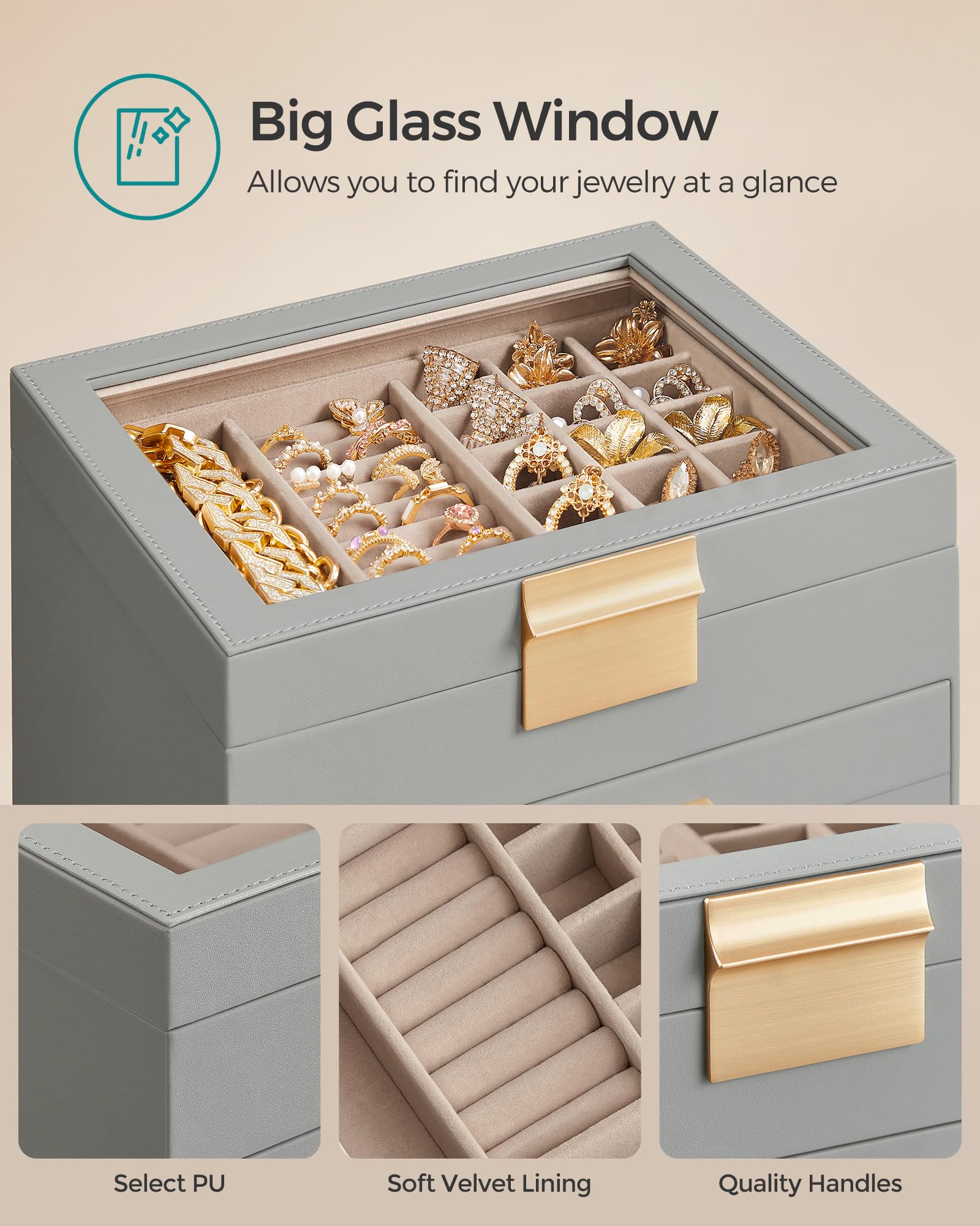 Foto 4 | Joyero Songmics De 4 Capas Con Tapa De Cristal Gris Tórtola Y Dorado - Venta Internacional.