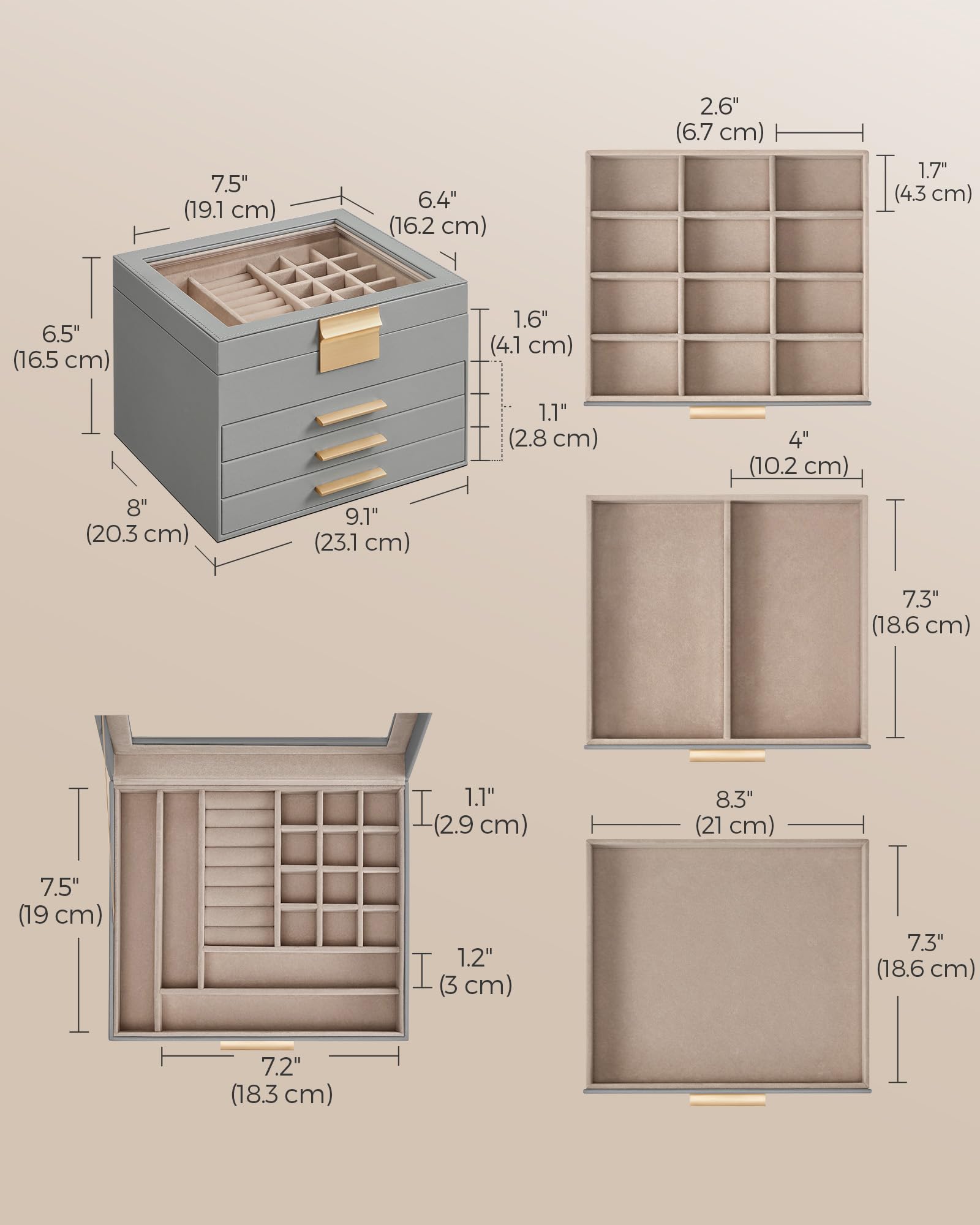 Foto 5 | Joyero Songmics De 4 Capas Con Tapa De Cristal Gris Tórtola Y Dorado - Venta Internacional.
