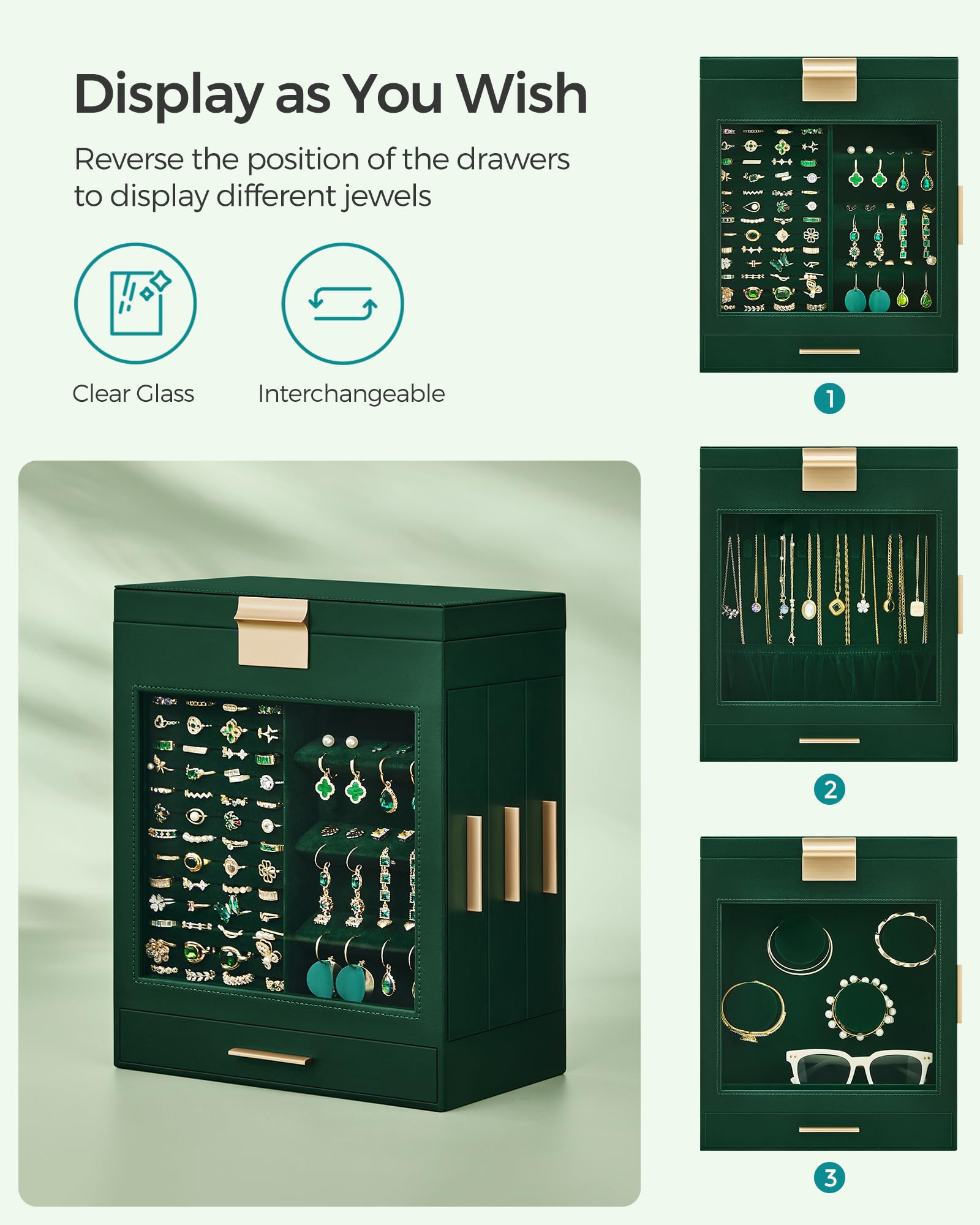 Foto 3 | Joyero Songmics De 5 Capas Con 3 Cajones Laterales, Color Verde Bosque - Venta Internacional.