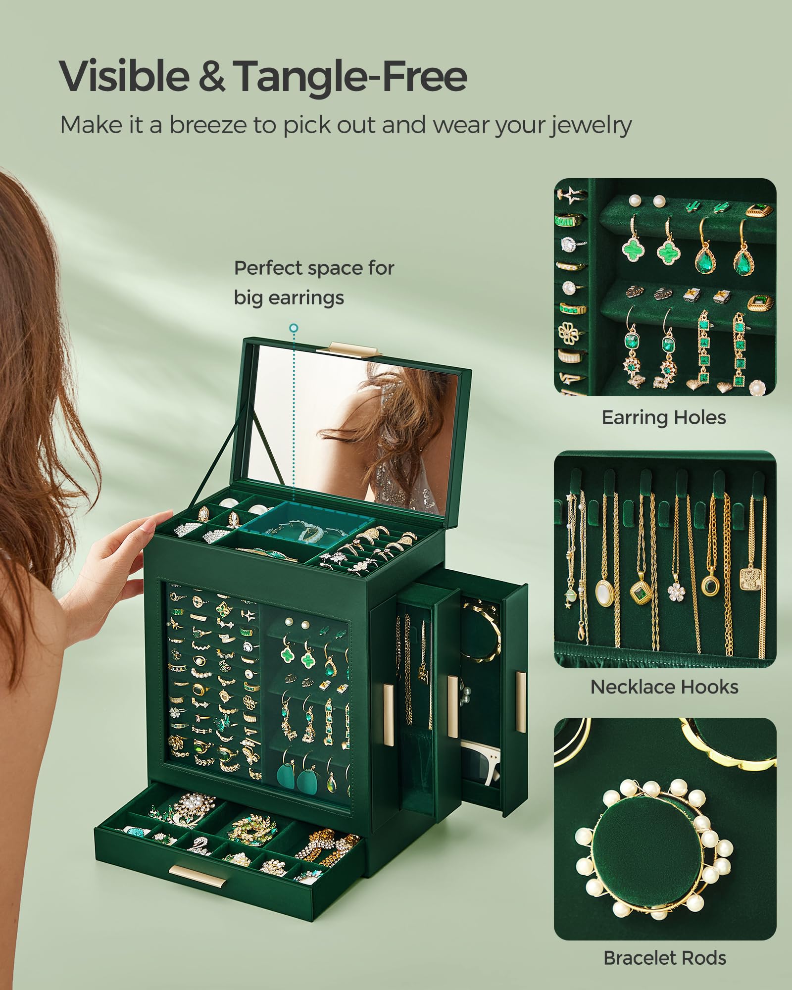 Foto 5 | Joyero Songmics De 5 Capas Con 3 Cajones Laterales, Color Verde Bosque - Venta Internacional.