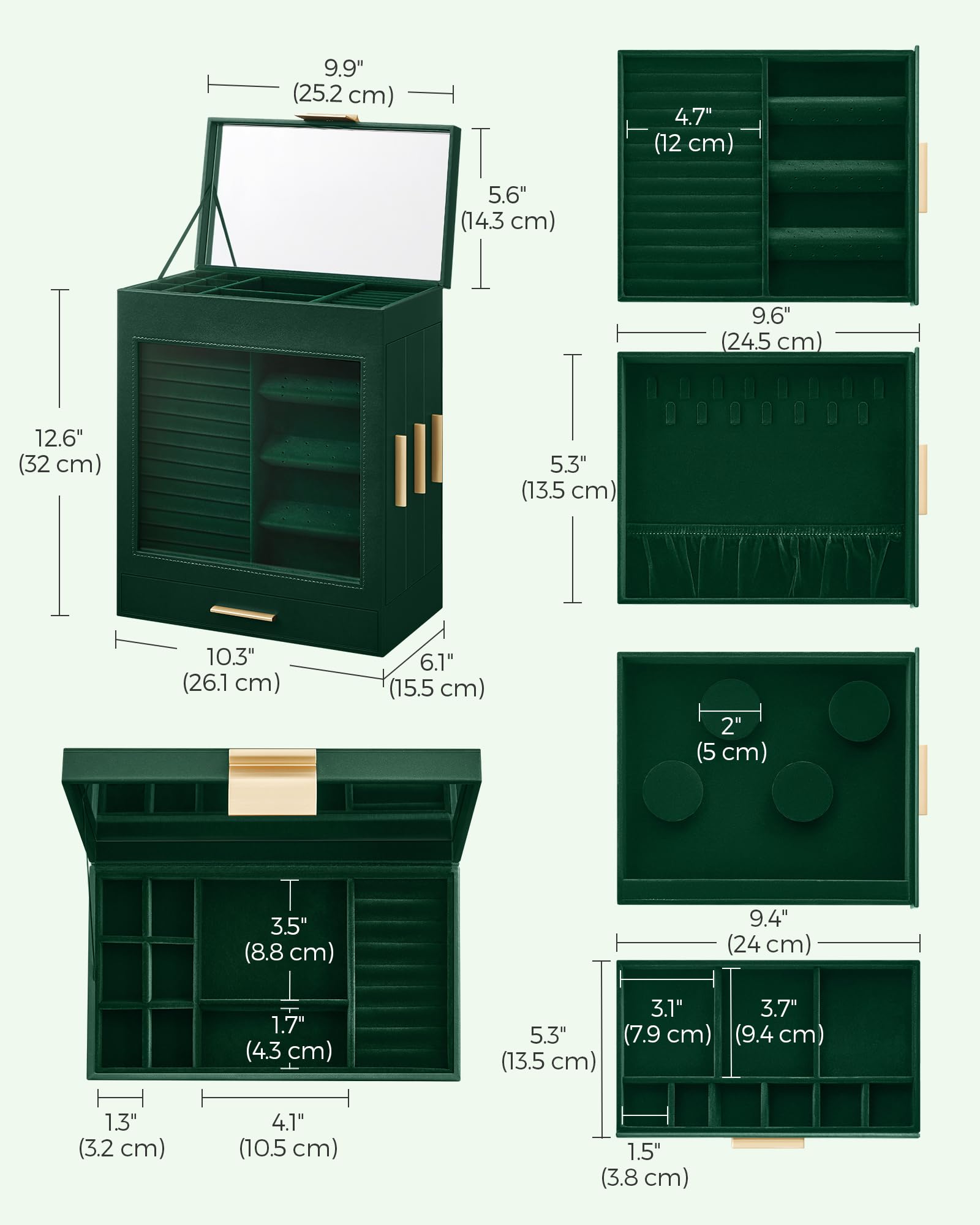 Foto 6 | Joyero Songmics De 5 Capas Con 3 Cajones Laterales, Color Verde Bosque - Venta Internacional.
