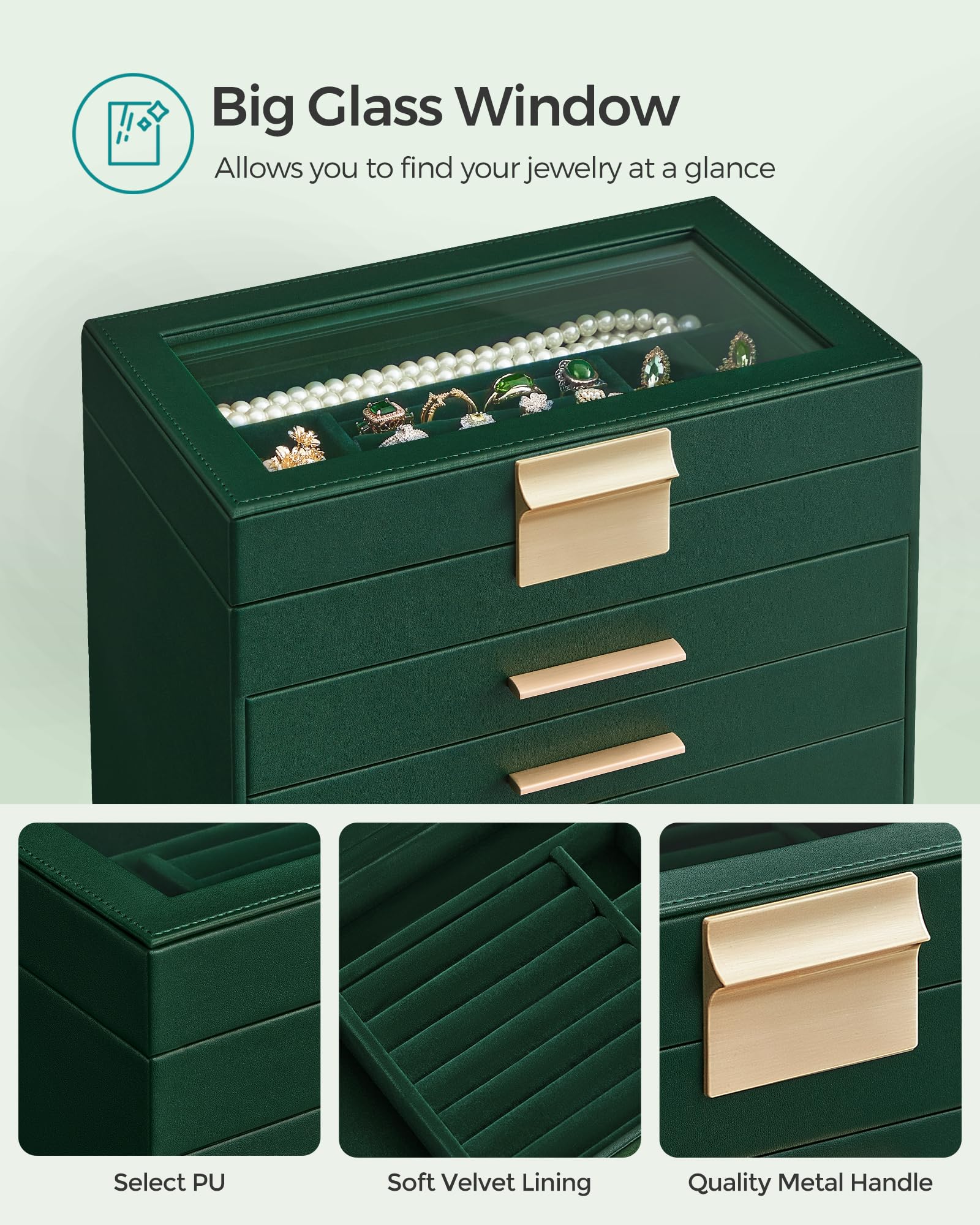 Foto 5 pulgar | Joyero Songmics, Organizador De 6 Capas Con Tapa De Cristal, Color Verde Bosque - Venta Internacional.