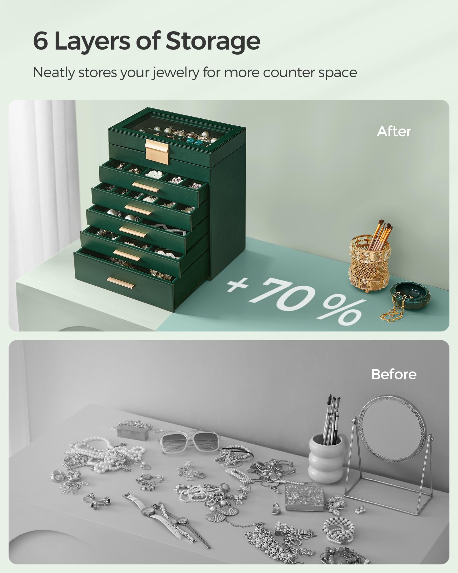 Foto 6 | Joyero Songmics, Organizador De 6 Capas Con Tapa De Cristal, Color Verde Bosque - Venta Internacional.