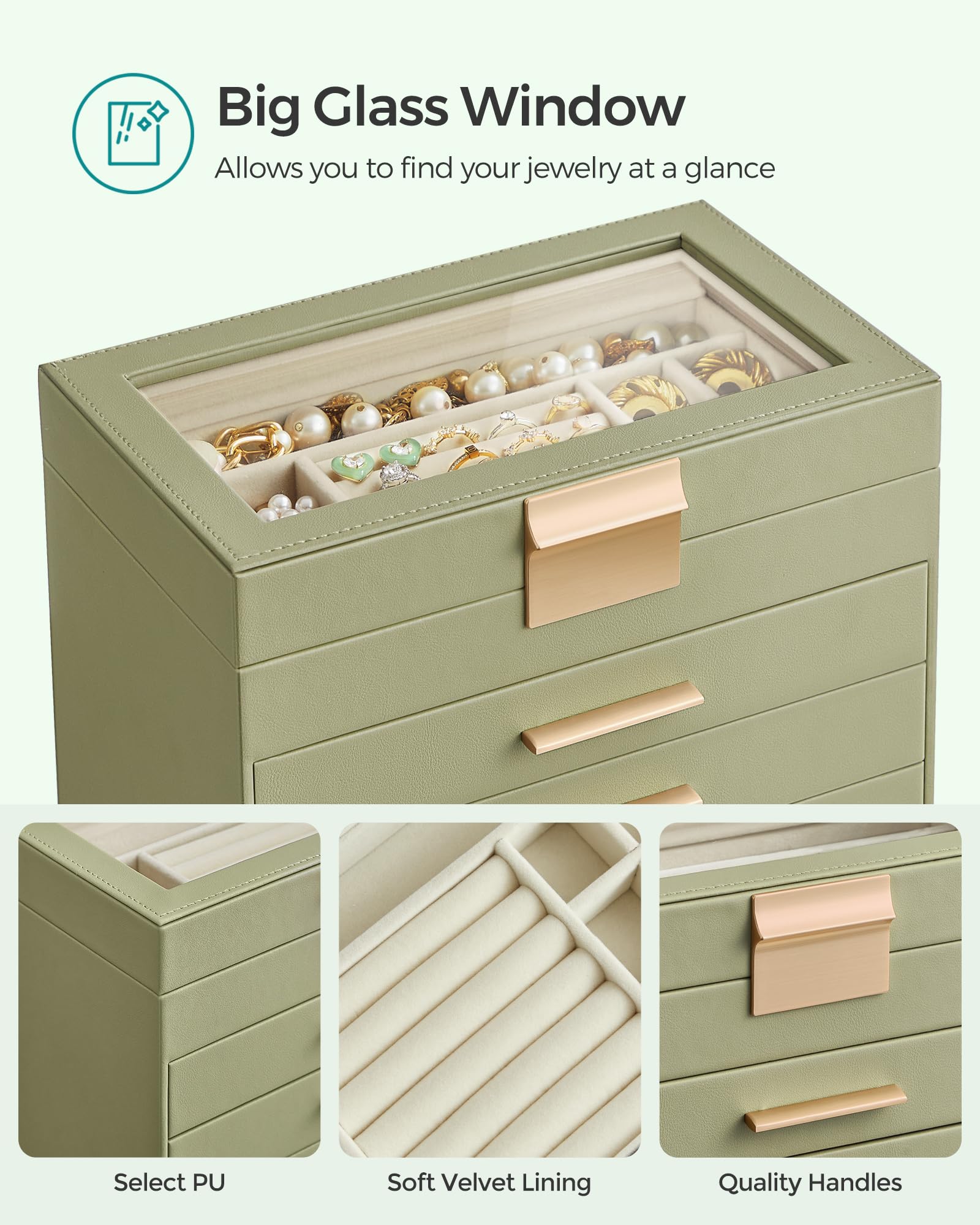 Foto 5 pulgar | Joyero Songmics, Organizador De 4 Capas Con Tapa De Cristal, Color Verde Laurel - Venta Internacional.