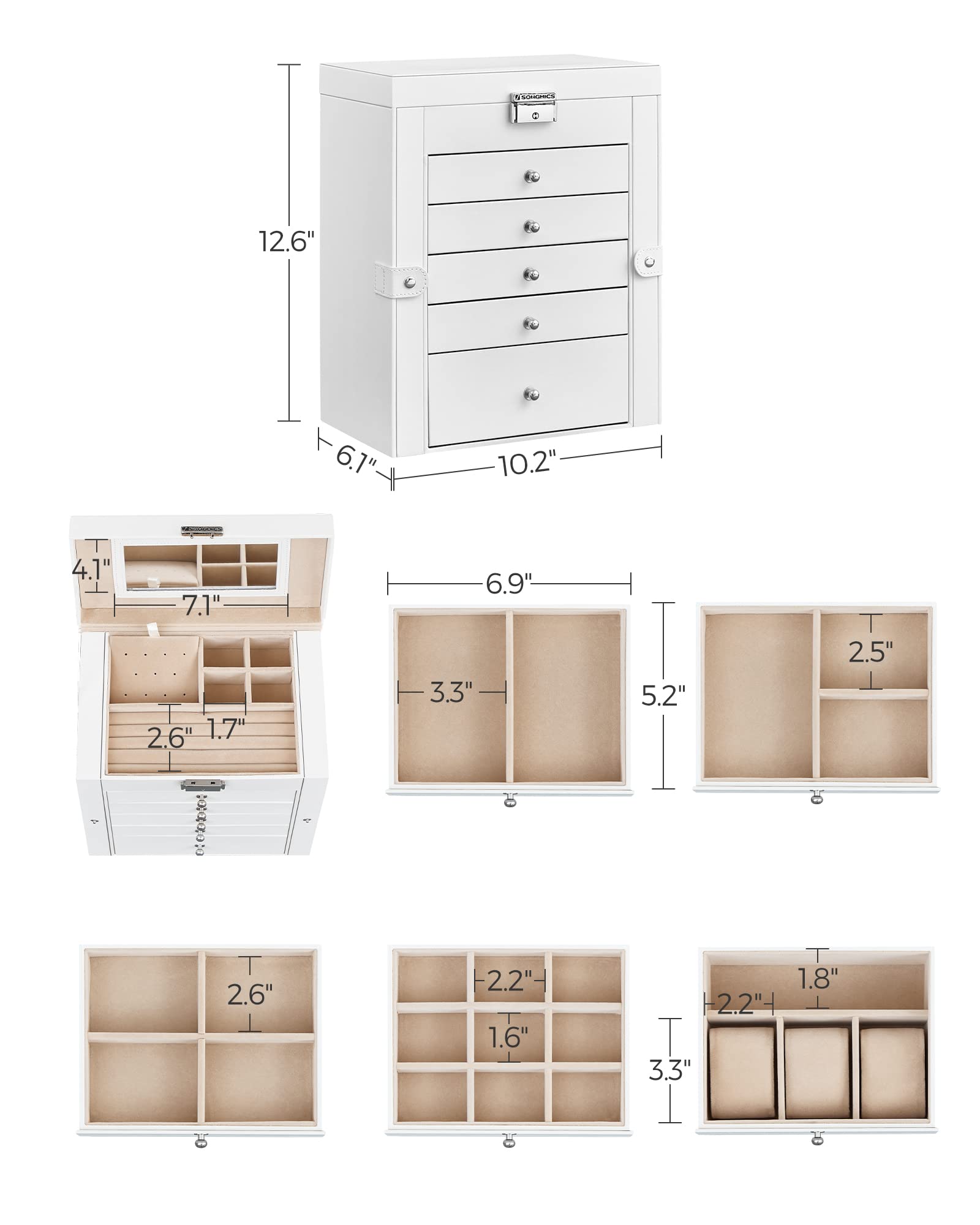 Foto 6 | Joyero Songmics De 6 Niveles Con 5 Cajones, Espejo, Cerradura, Blanco - Venta Internacional.