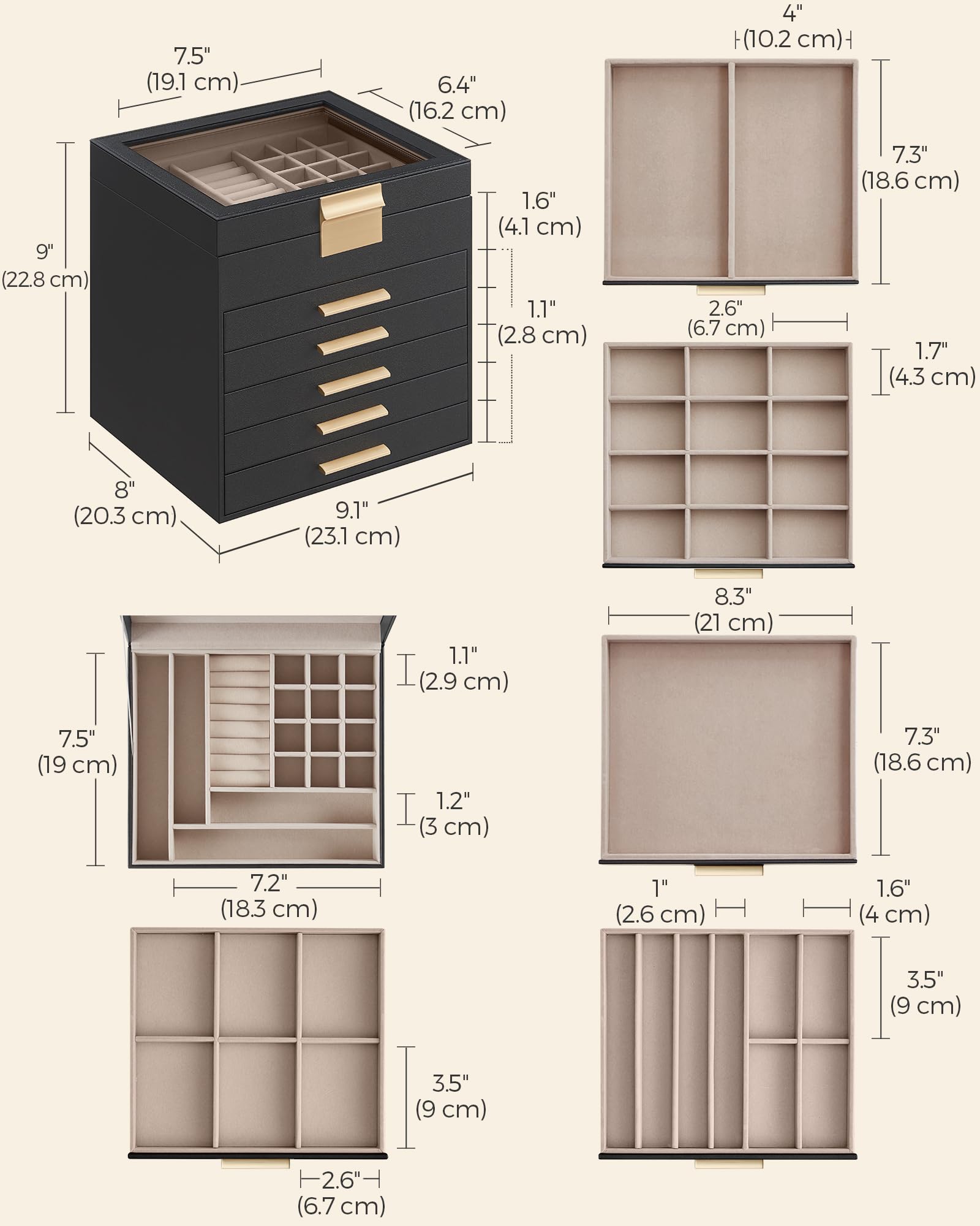 Foto 5 | Joyero Songmics Organizador De 6 Capas Con Tapa De Vidrio Grafito - Venta Internacional.