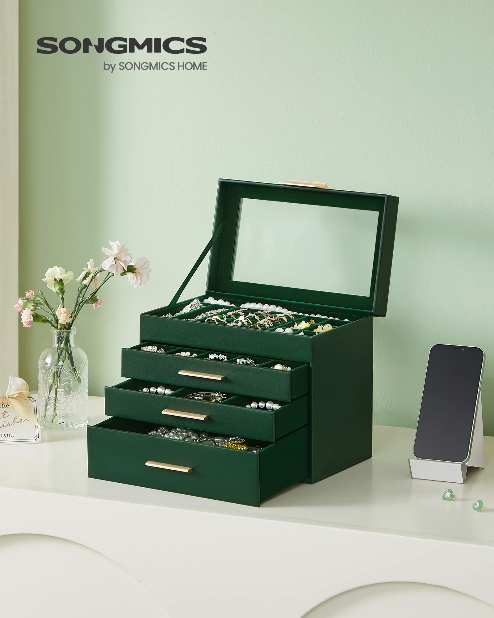 Foto 2 | Joyero Songmics, Organizador De 4 Capas Con Tapa De Cristal, Color Verde Bosque - Venta Internacional.