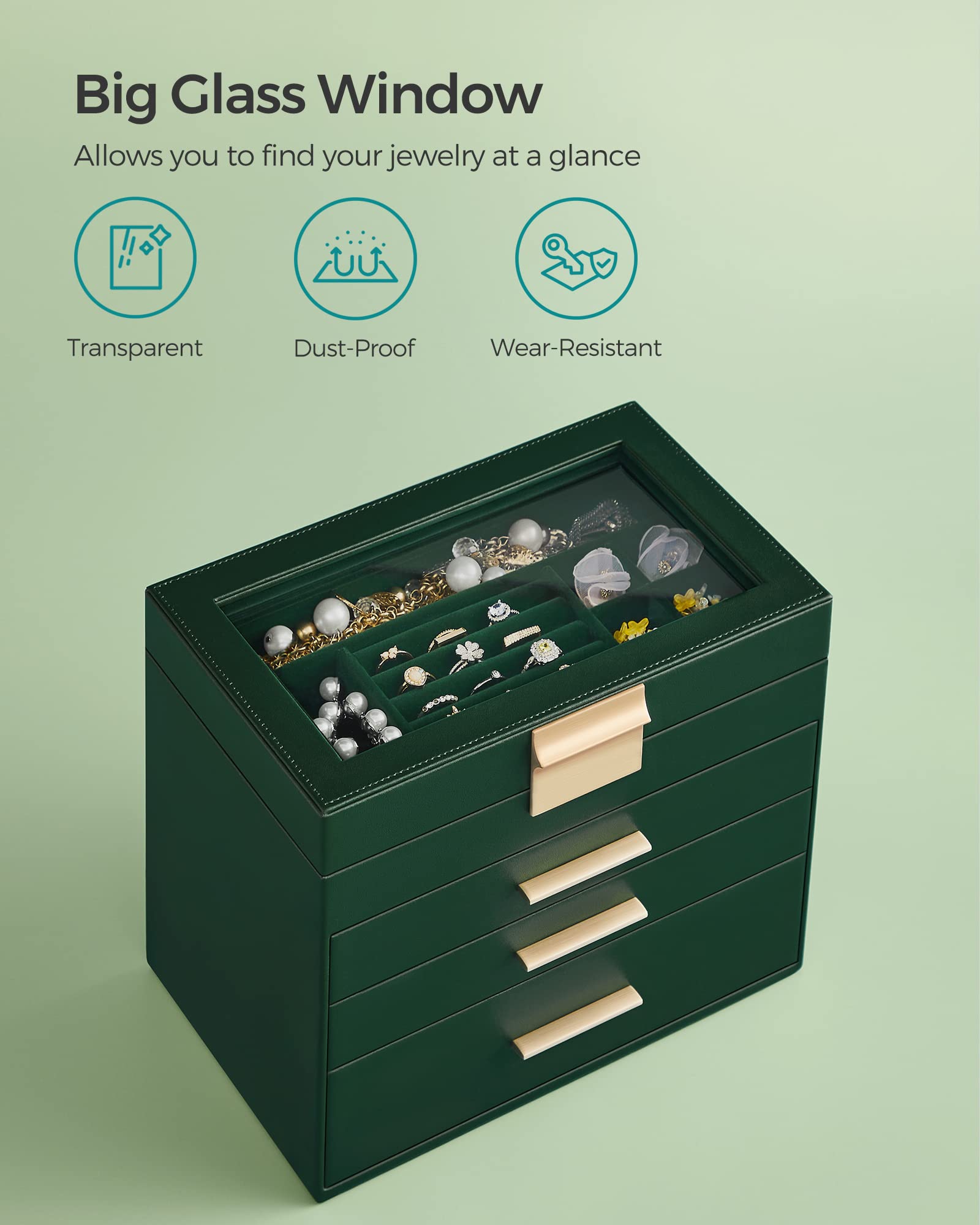 Foto 4 pulgar | Joyero Songmics, Organizador De 4 Capas Con Tapa De Cristal, Color Verde Bosque - Venta Internacional.