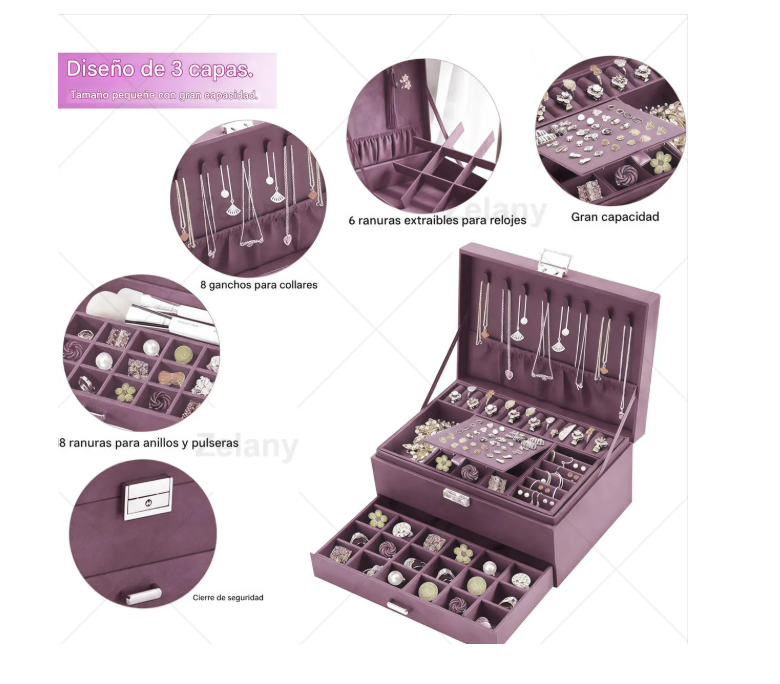 Foto 5 pulgar | Estuche Caja Joyería Multifuncional Grand Capacidad Morado