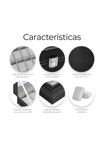Foto 2 | Estuche Alhajero Organizador De Relojes Y Joyas 12 Espacios Elegante  Con Almohadillas De Terciopelo  Piel Negro-gris