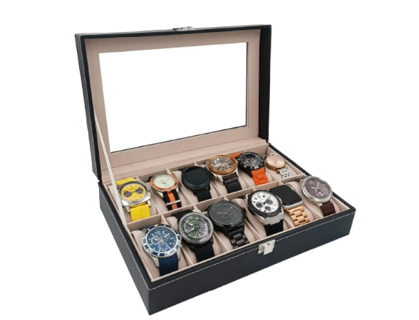Foto 4 | Estuche Alhajero Organizador De Relojes Y Joyas 12 Espacios Elegante  Con Almohadillas De Terciopelo  Piel Negro-gris