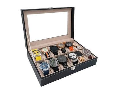 Foto 4 | Estuche Alhajero Organizador De Relojes Y Joyas 12 Espacios Elegante Con Almohadillas De Terciopelo Piel Negro-gris